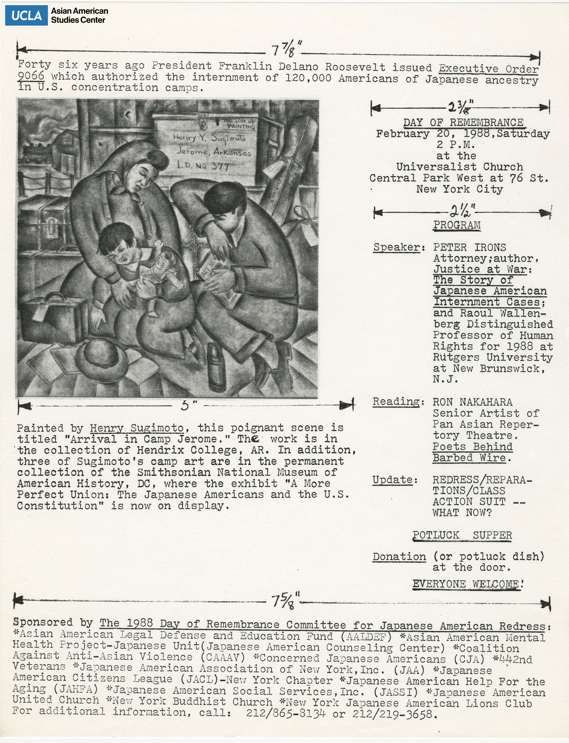 Draft of flyer for Day of Remembrance. Includes measurements on flyer.
