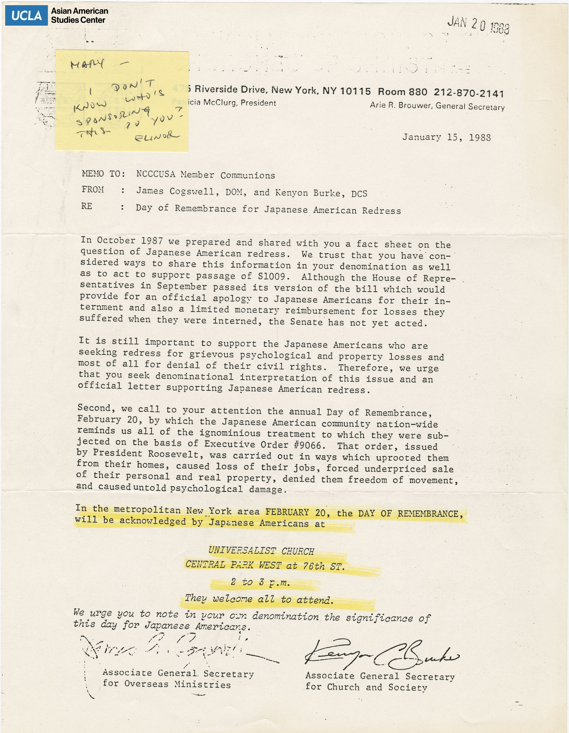 Letter regarding support for Japanese American redress and attendance to Day of Remembrance. Includes note to Yuri Kochiyama.