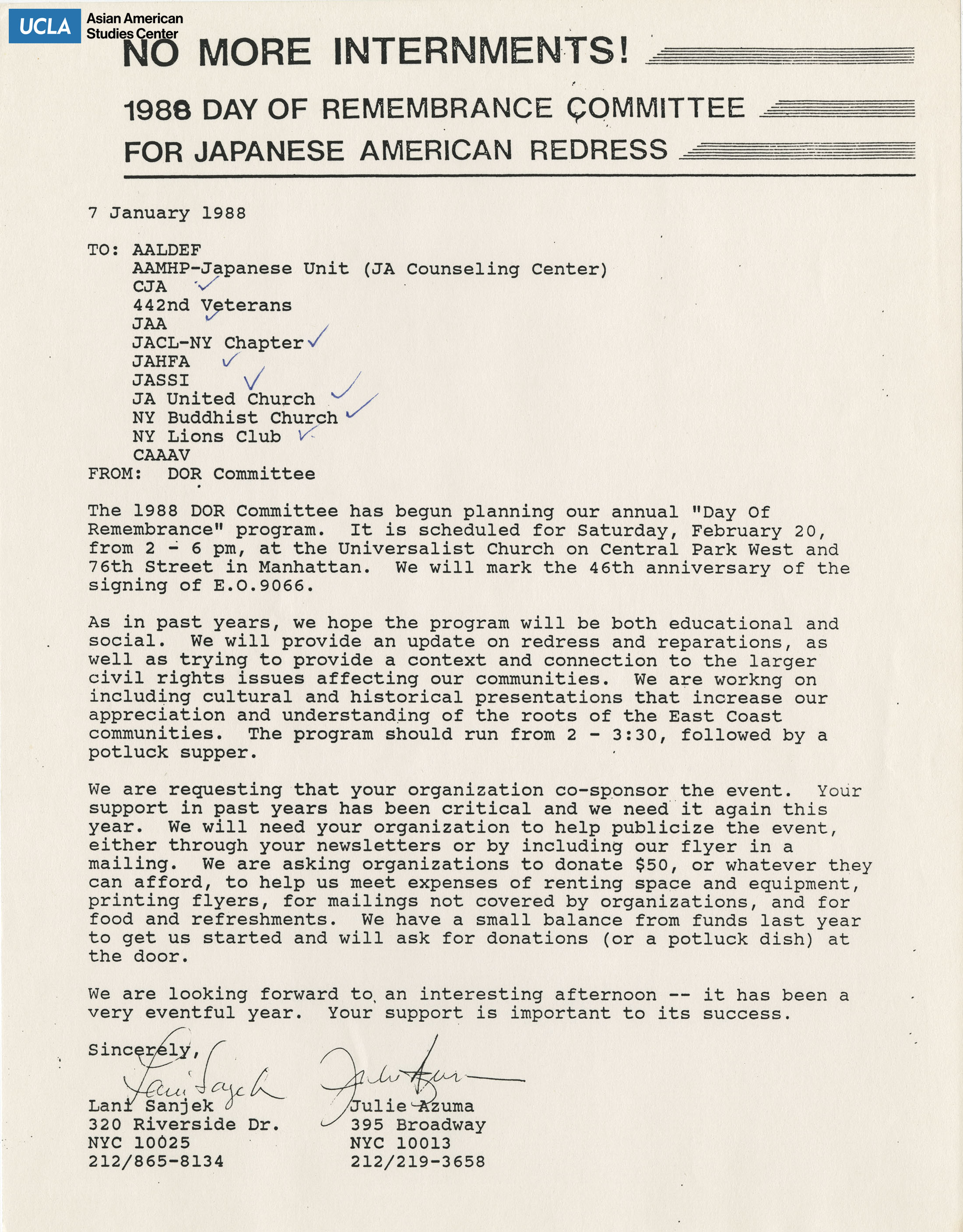 Letter regarding the planning of the 1988 Day of Remembrance event.
