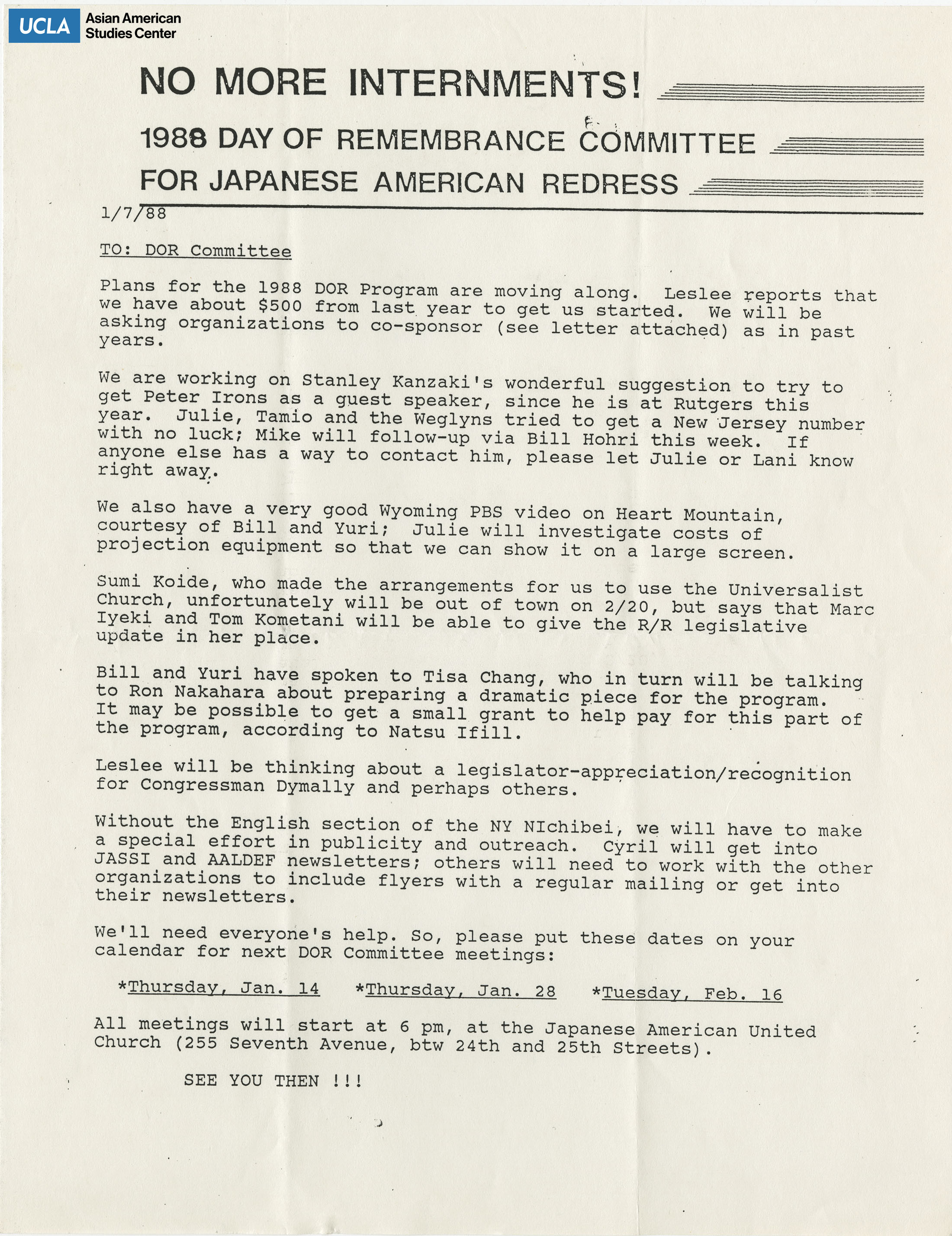 Letter regarding updates for the 1988 Day of Remembrance event.
