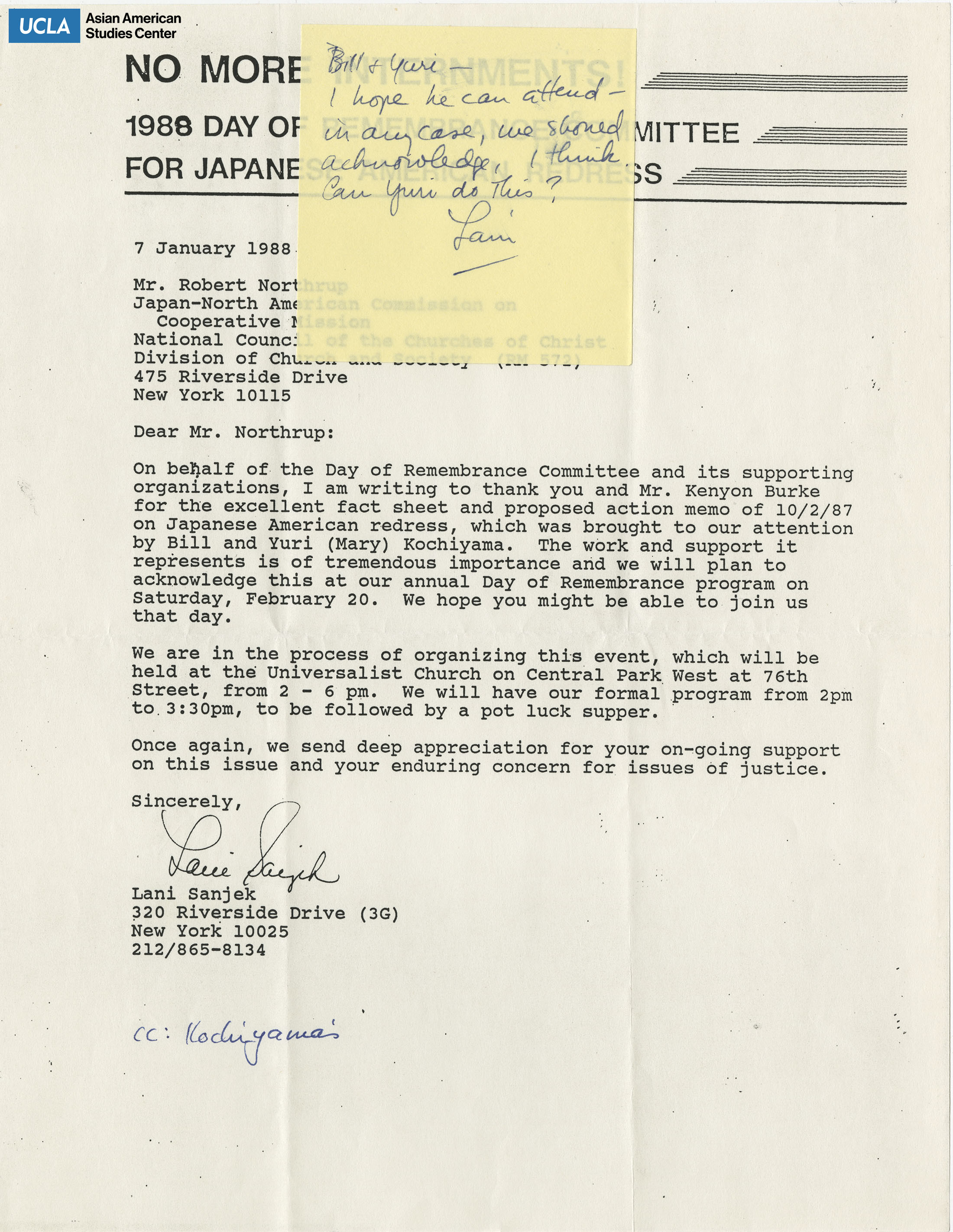 Letter of thanks for Kenyon Burke on Japanese American redress and updates on Day of Remembrance. Includes note to Bill and Yuri Kochiyama.
