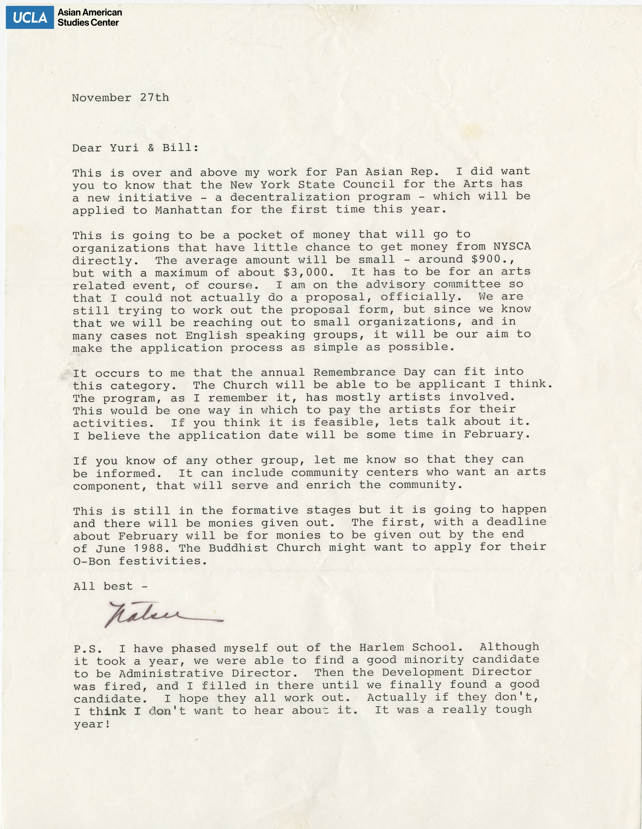 Letter regarding the possibility of receiving funding from a proposal for the Day of Remembrance event.
