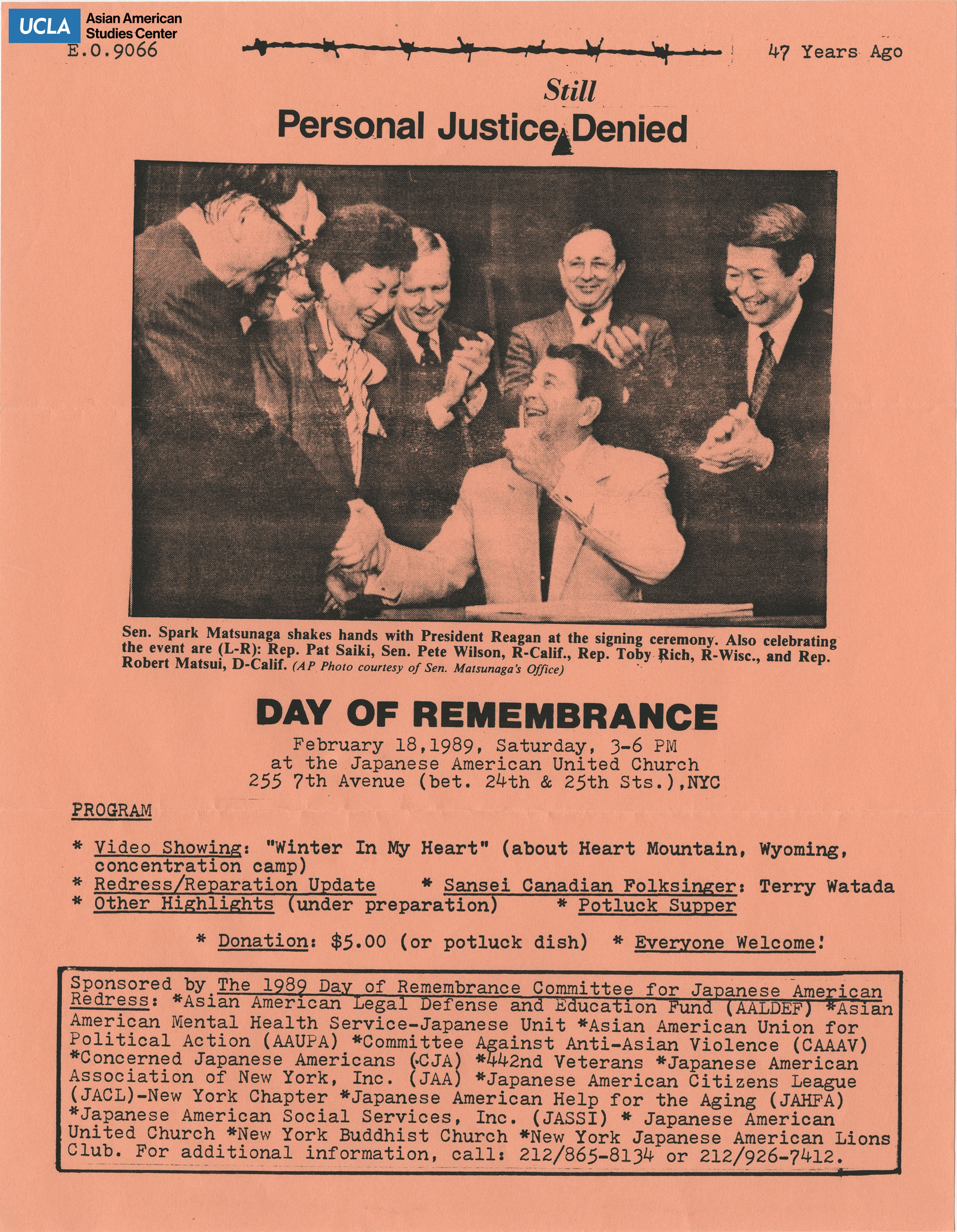 Flyer regarding the 47th anniversary since the signing of Executive Order 9066. Includes programing on video showing, redress update, and highlights.