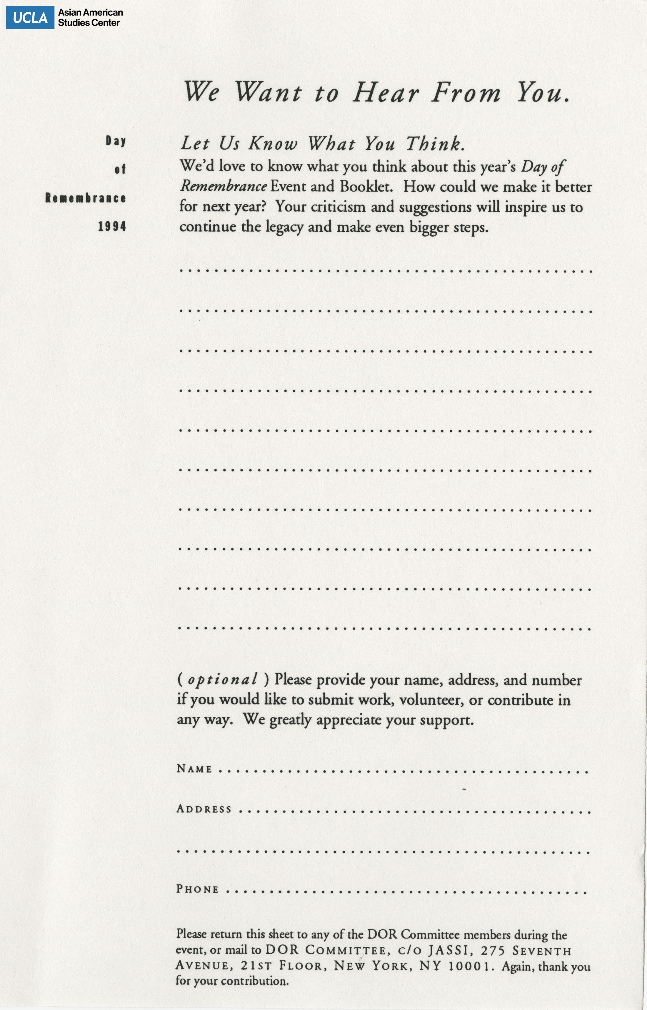 Suggestion form on experience with Day of Remembrance event.