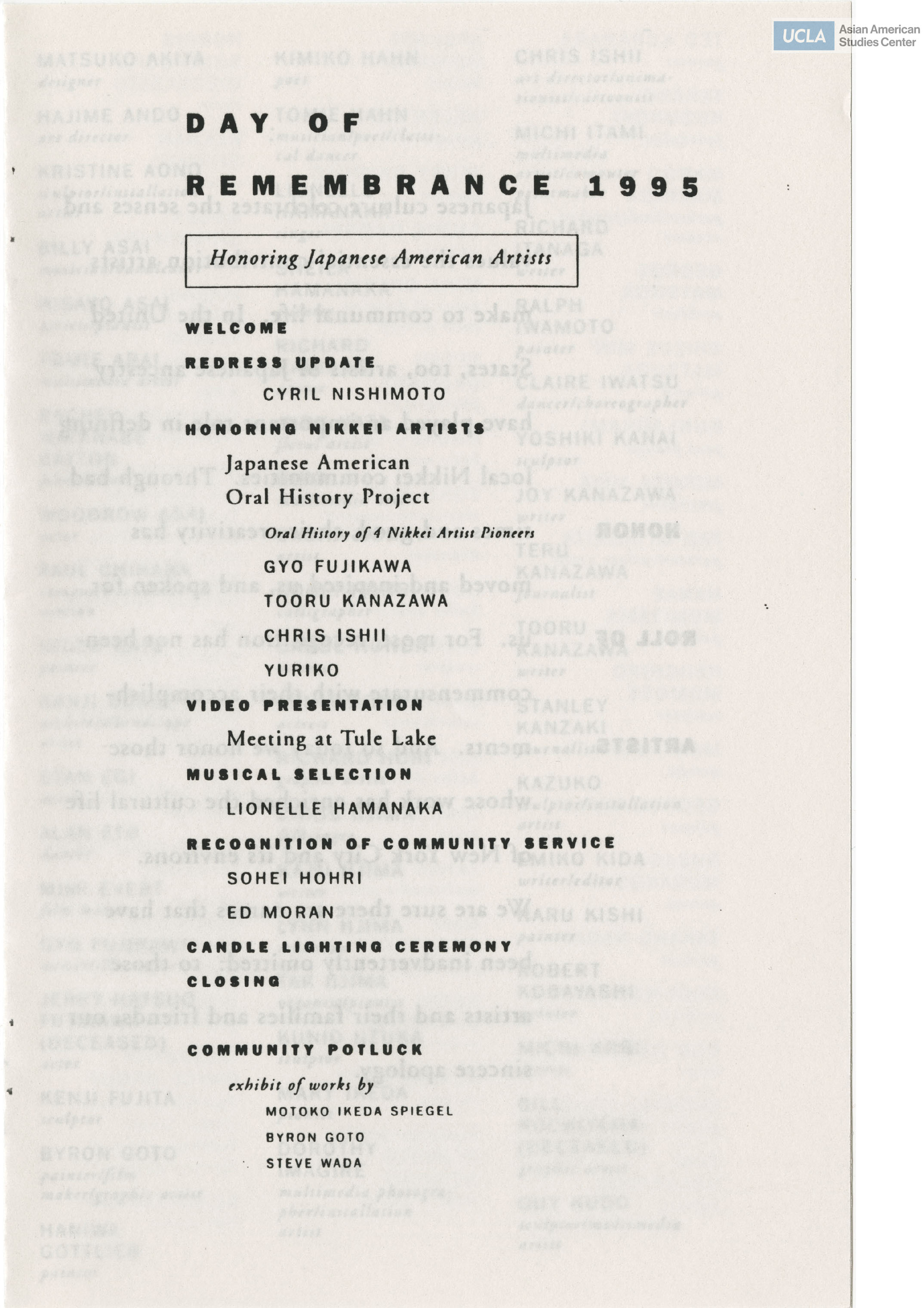 Day of Remembrance pamphlet which includes names of Japanese Americans artists, actors, writers, and journalists.