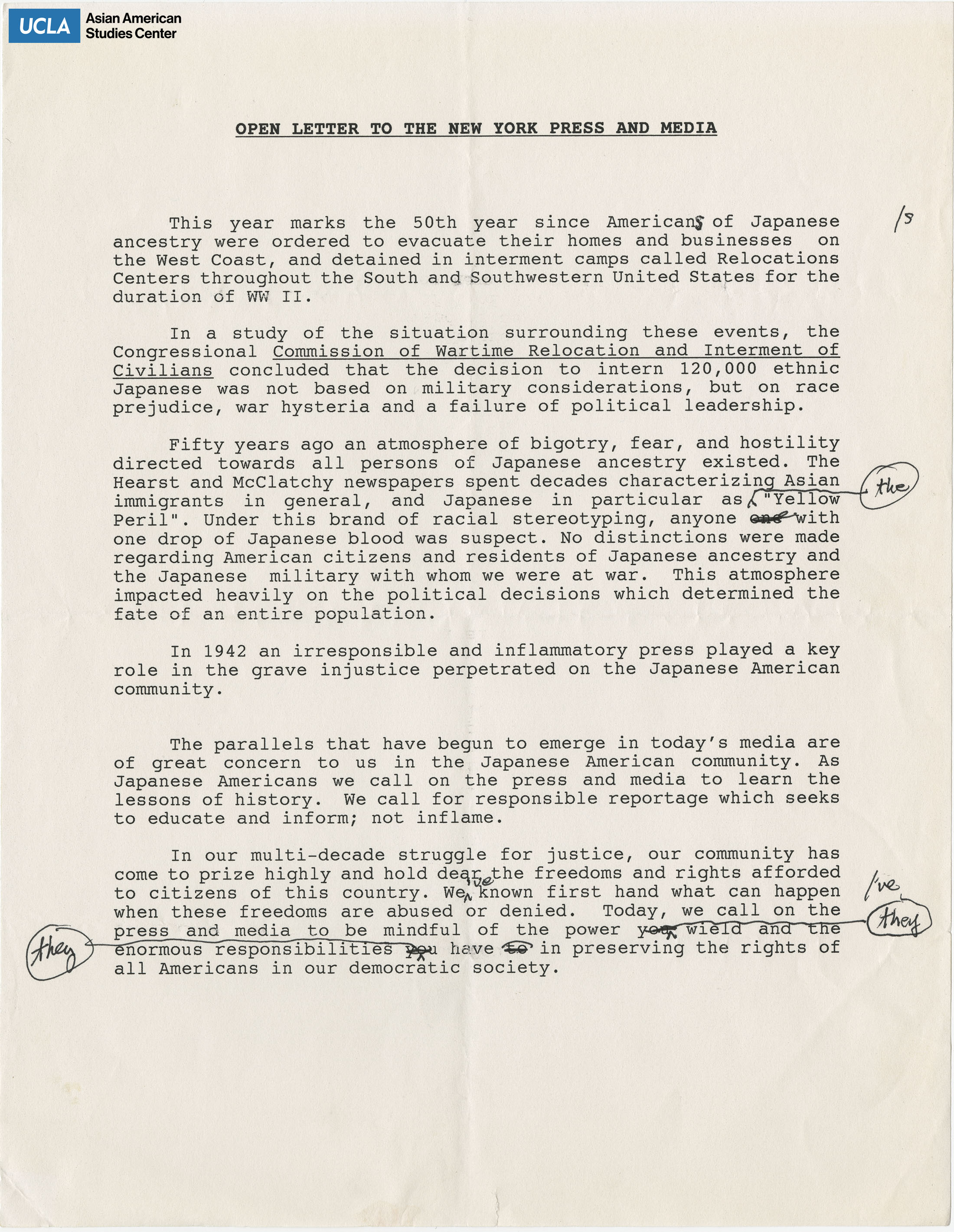 Draft regarding an open letter to New York press and media on Japanese American redress.