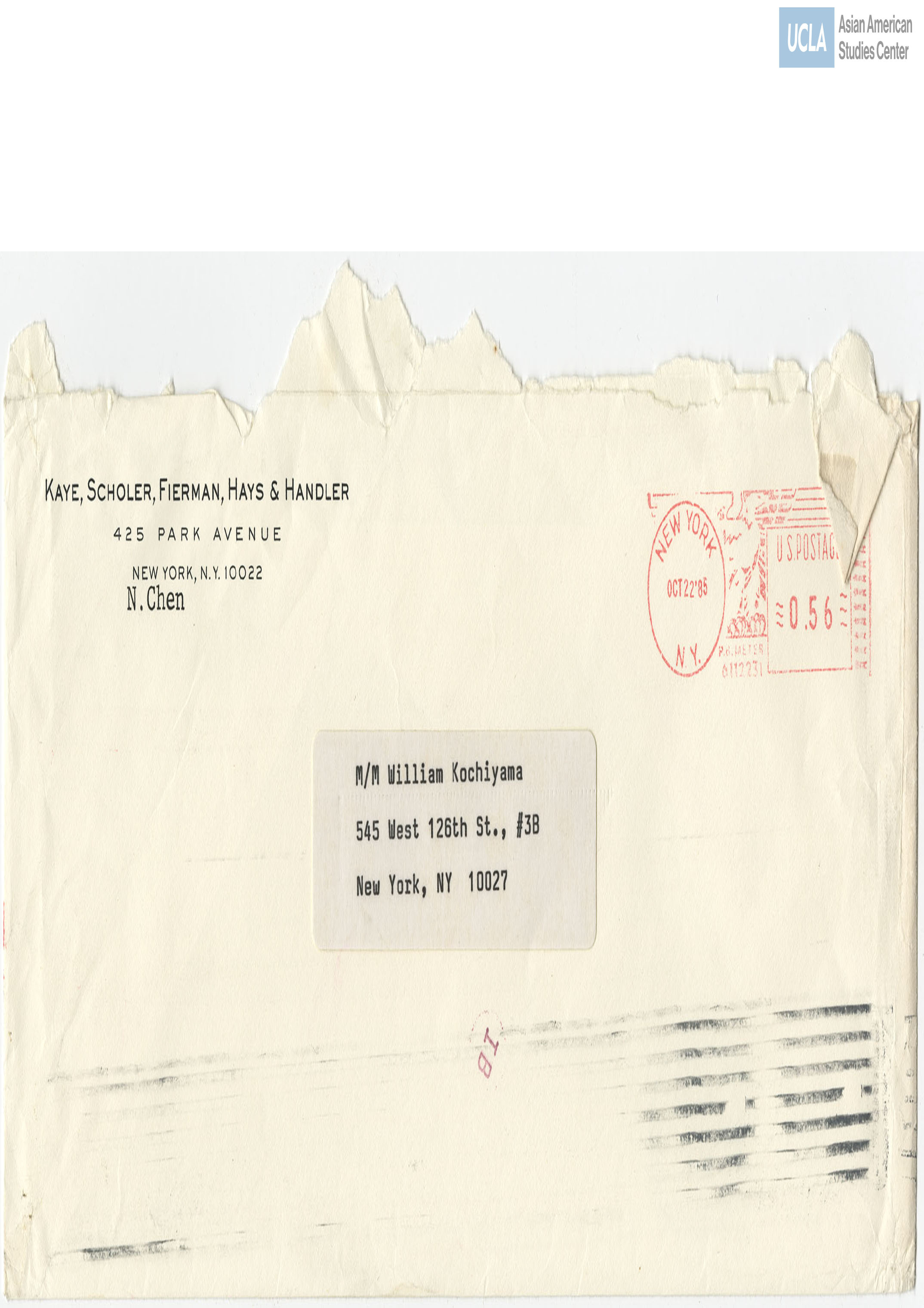 Envelope addressed to Bill Kochiyama. Postmarked on October 22, 1985.