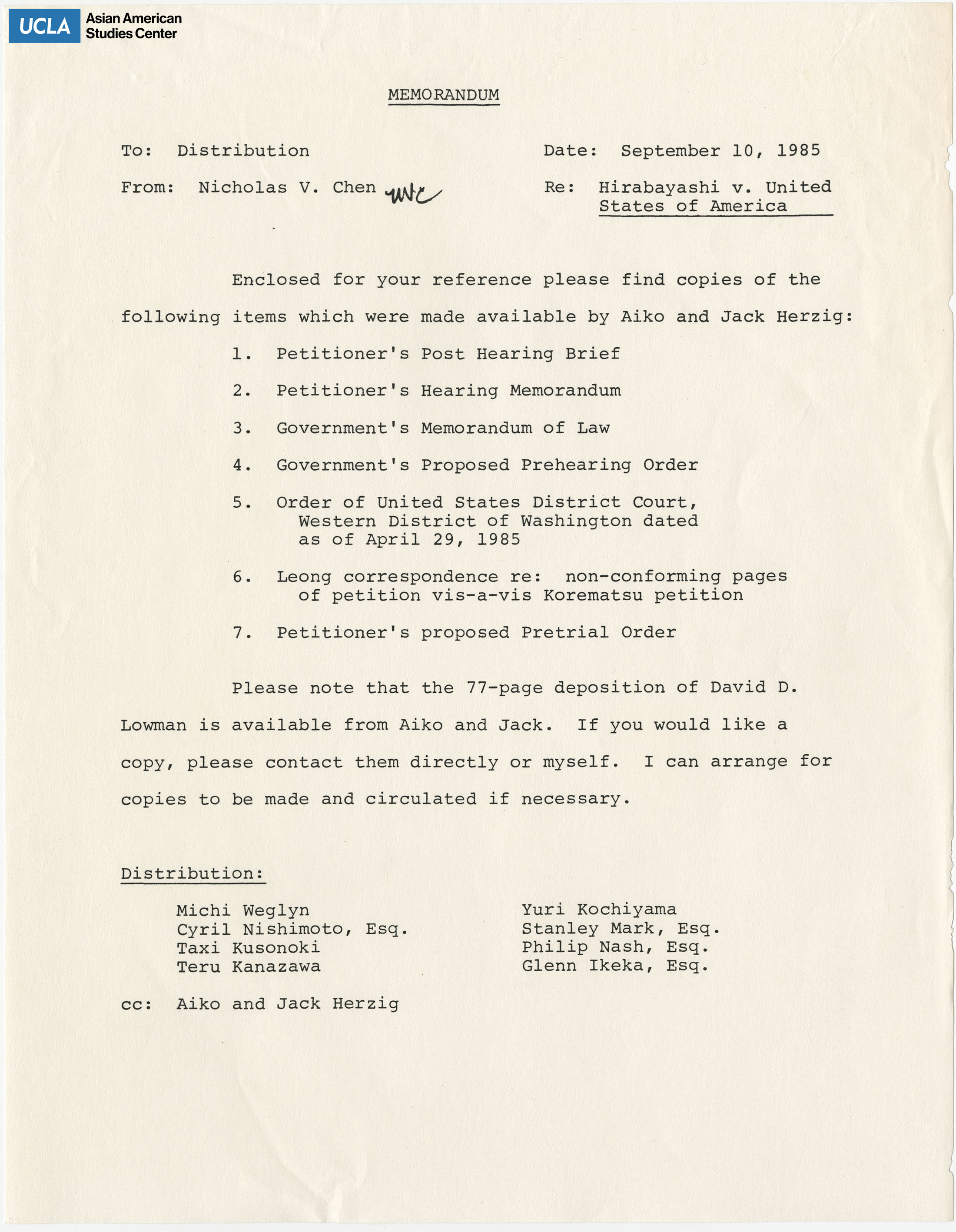 Memorandum includes references regarding the deposition.