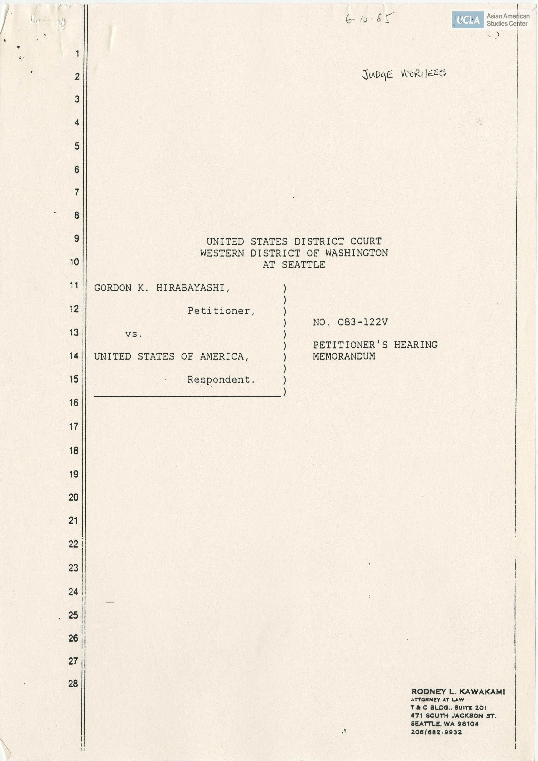 Memorandom includes table of contents.