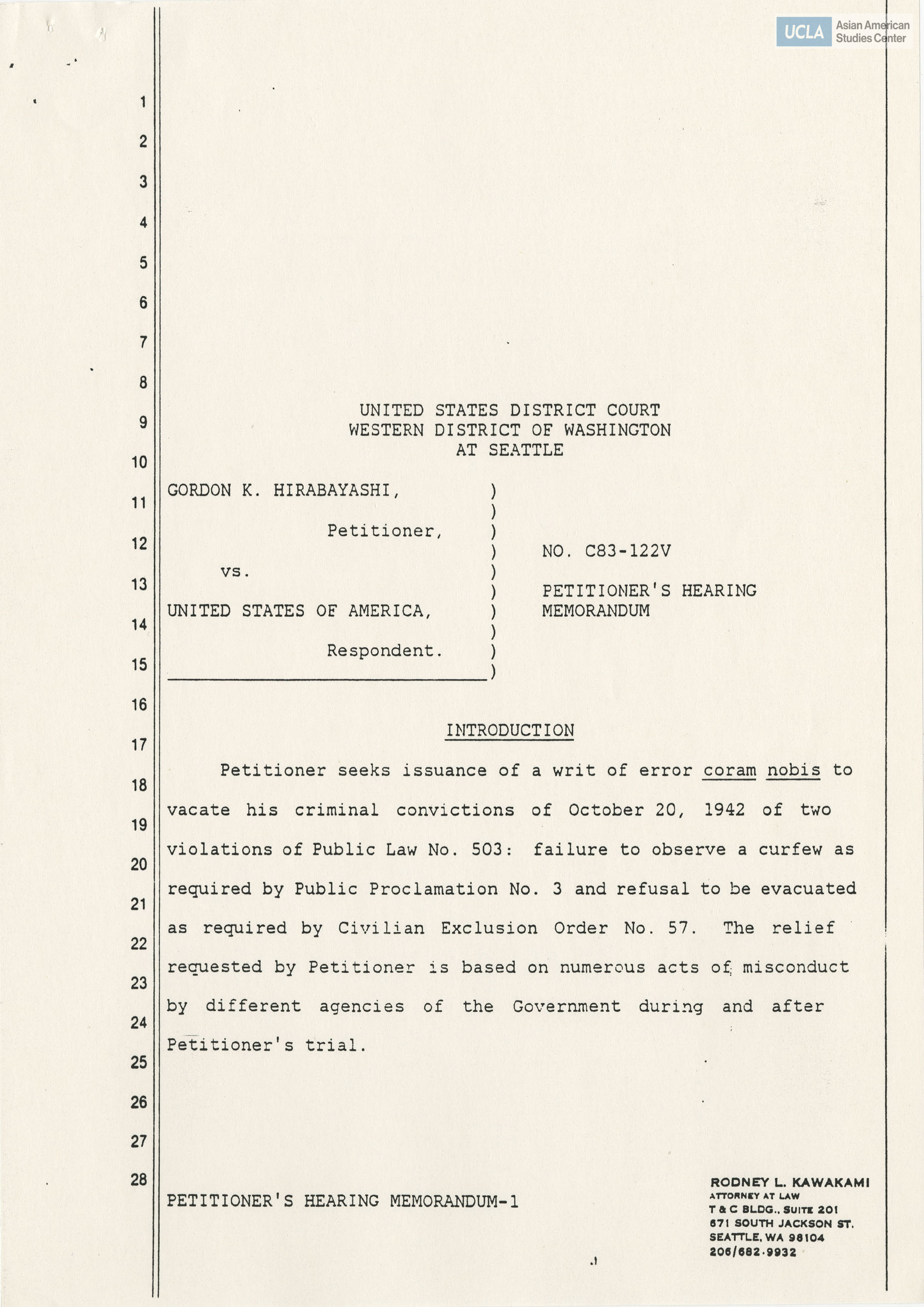 Rodney L. Kawakami, Attorney of Law, memorandum on writ of error coram nobis.