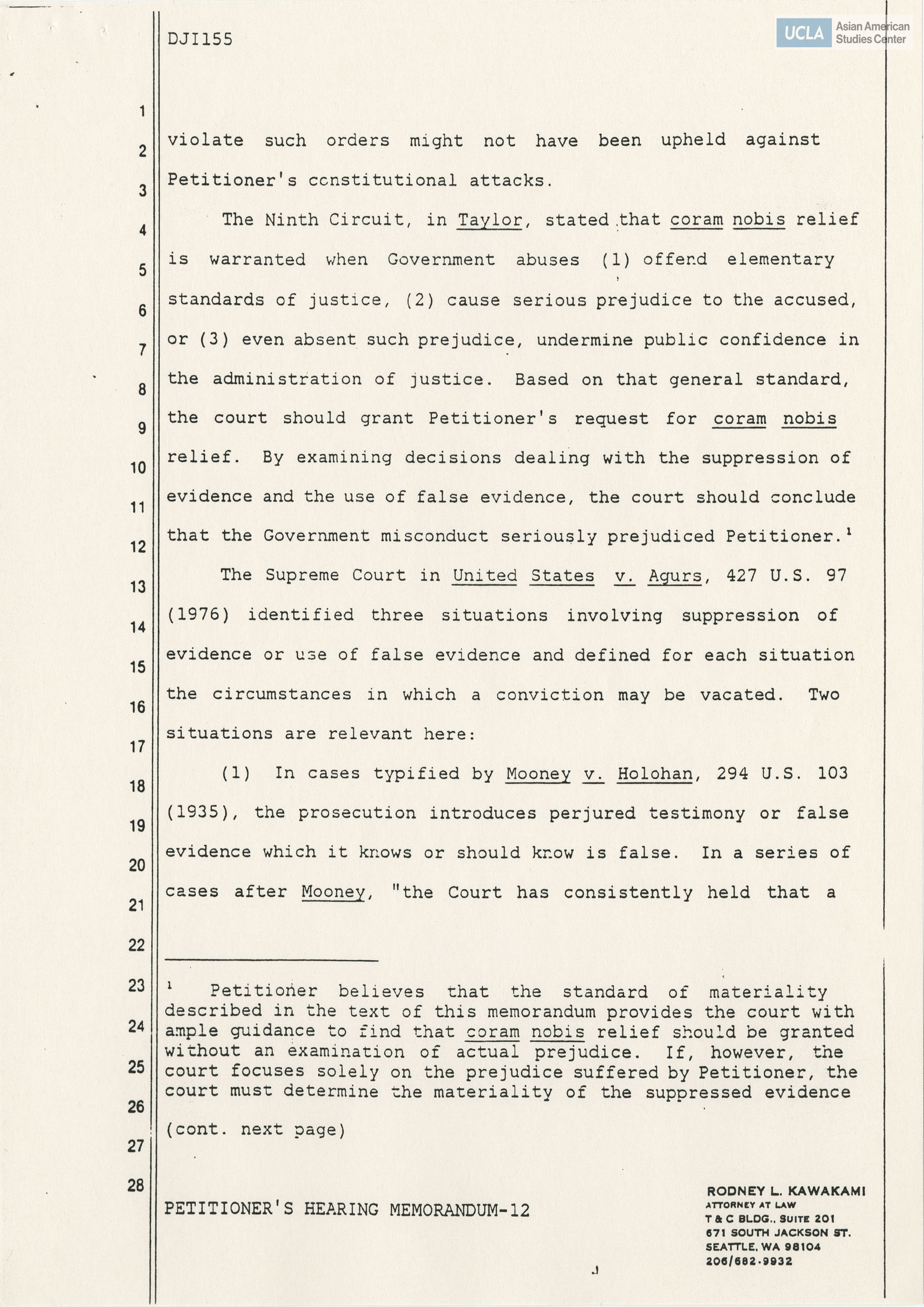 Rodney L. Kawakami, Attorney of Law, memorandum on writ of error coram nobis.