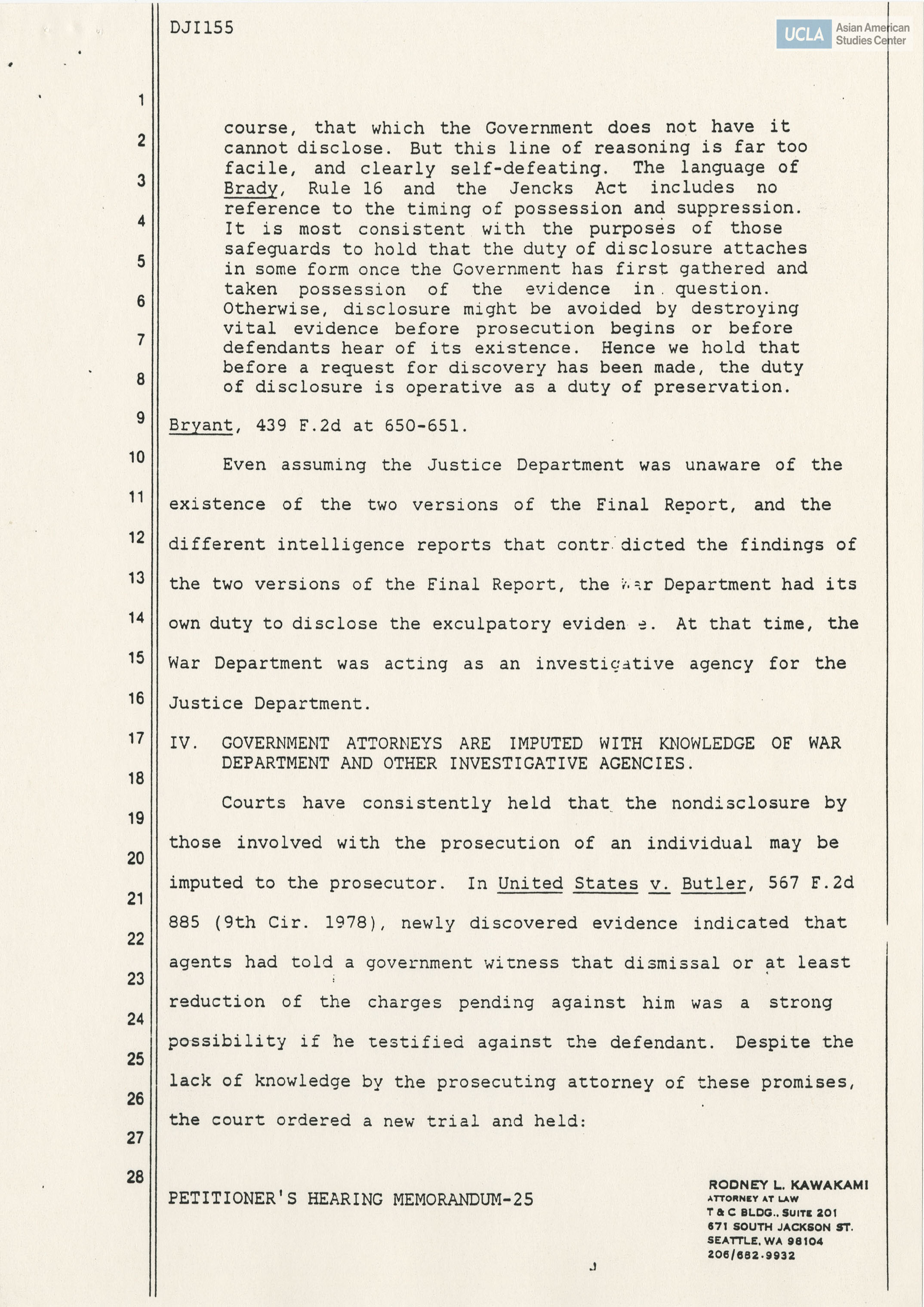 Rodney L. Kawakami, Attorney of Law, memorandum on writ of error coram nobis for deposition Gordon K. Hirabayashi vs. the United States of America.