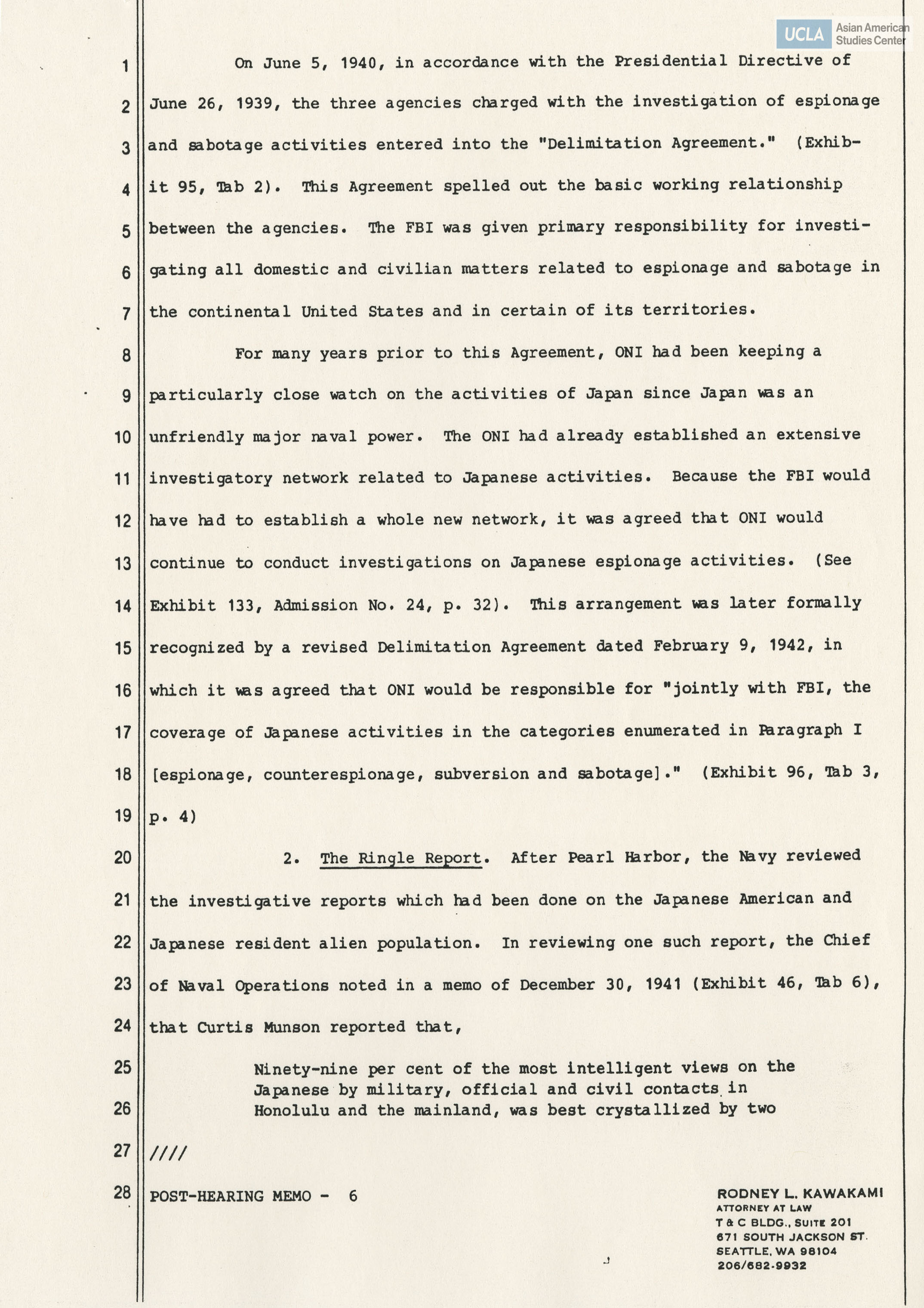 Rodney L. Kawakami, Attorney of Law, post-hearing brief for deposition on Gordon K. Hirabayashi vs. the United States of America.