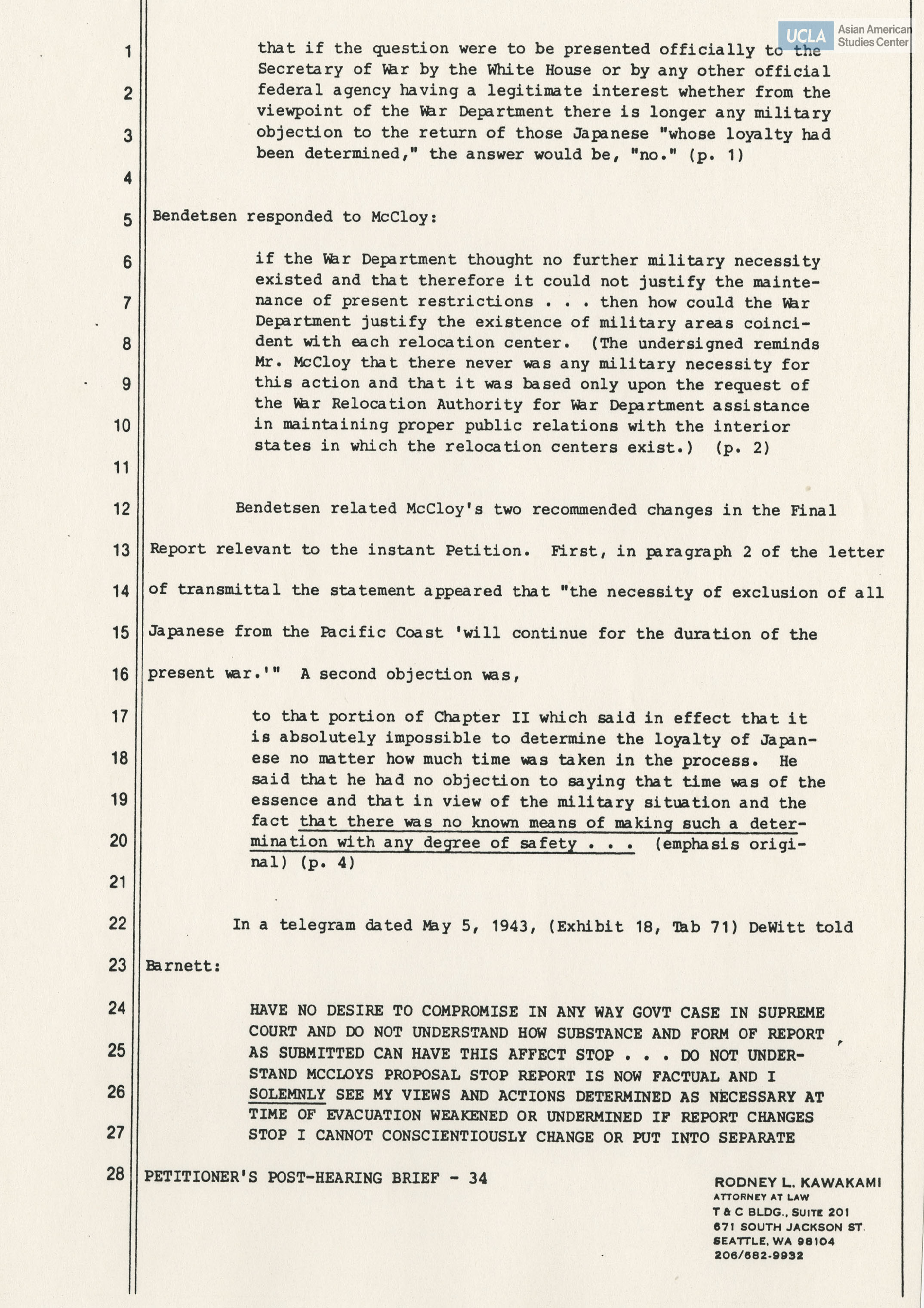 Rodney L. Kawakami, Attorney of Law, post-hearing brief for deposition on Gordon K. Hirabayashi vs. the United States of America.