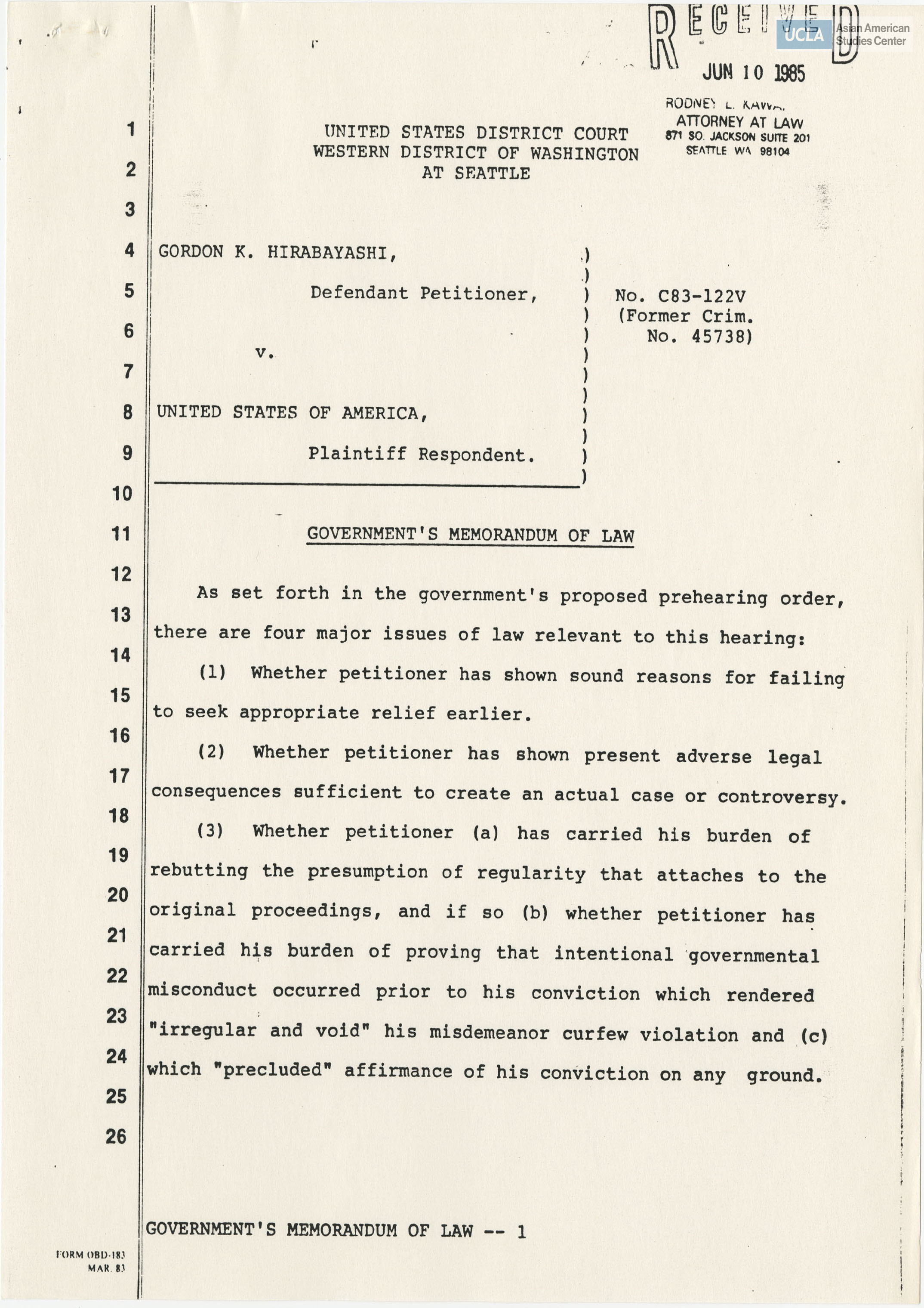 Government's memorandum of law for deposition on Gordon K. Hirabayashi vs. the United States of America.