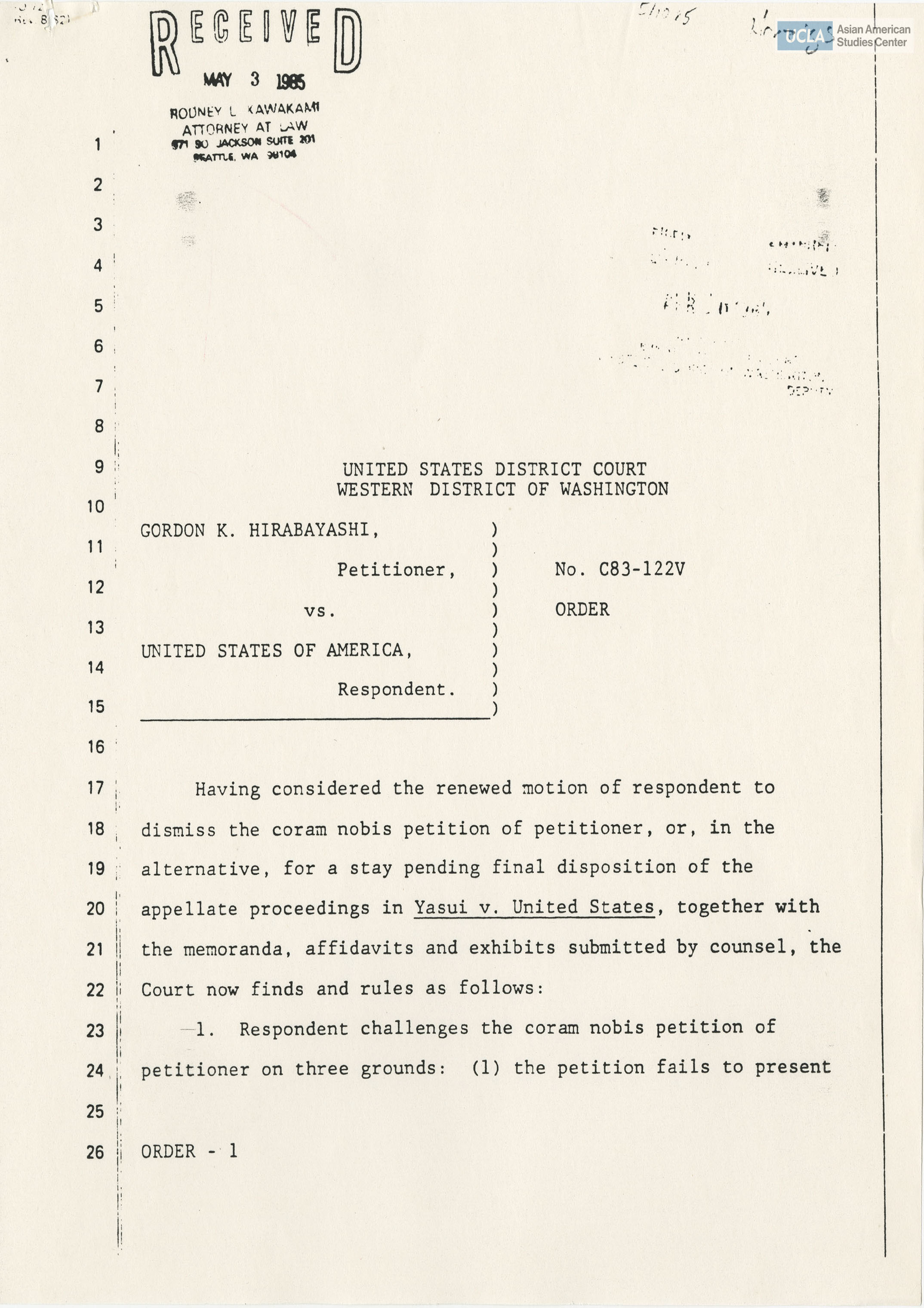 Order for deposition on Gordon K. Hirabayashi vs. the United States of America.