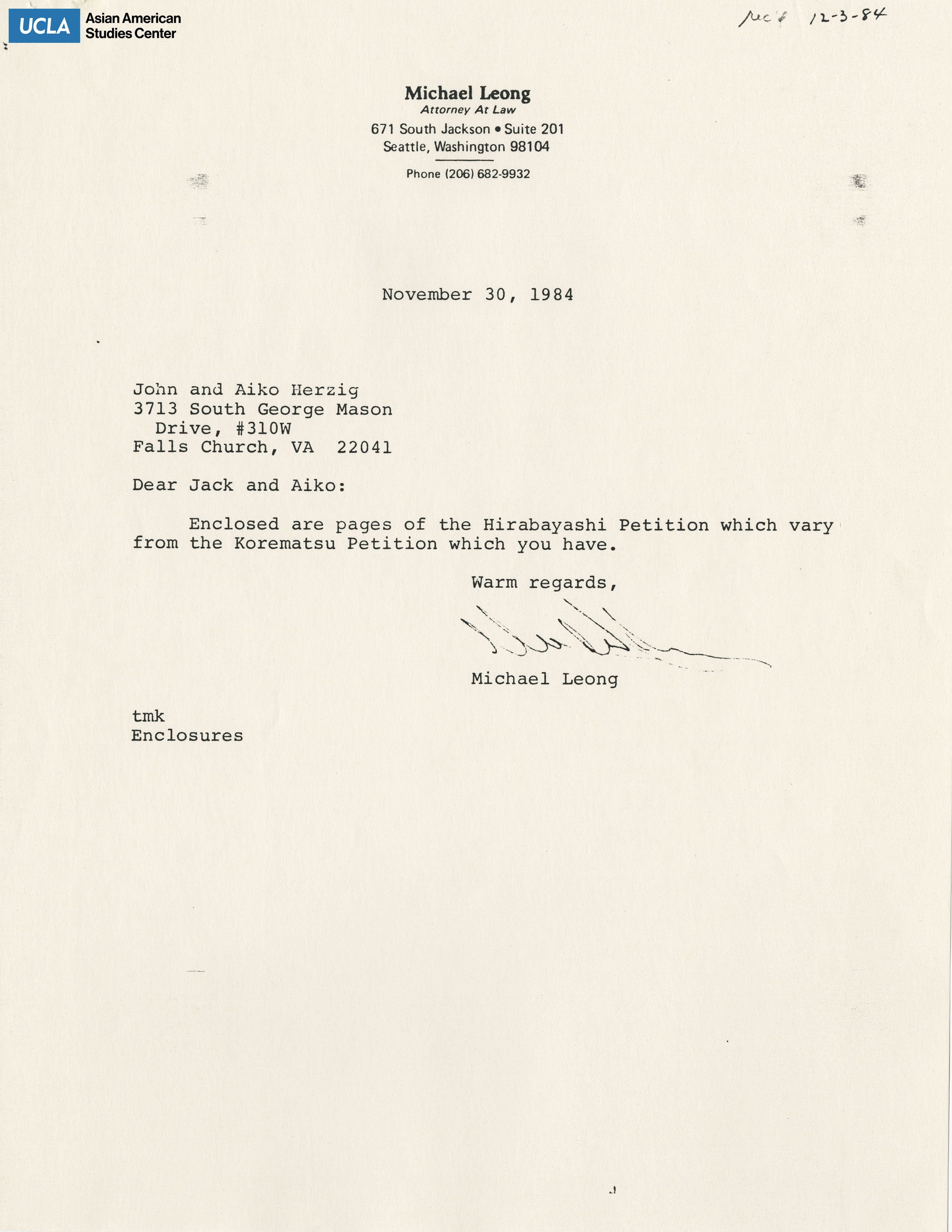 Letter regarding enclosing the Gordon K. Hirabayashi petition.
