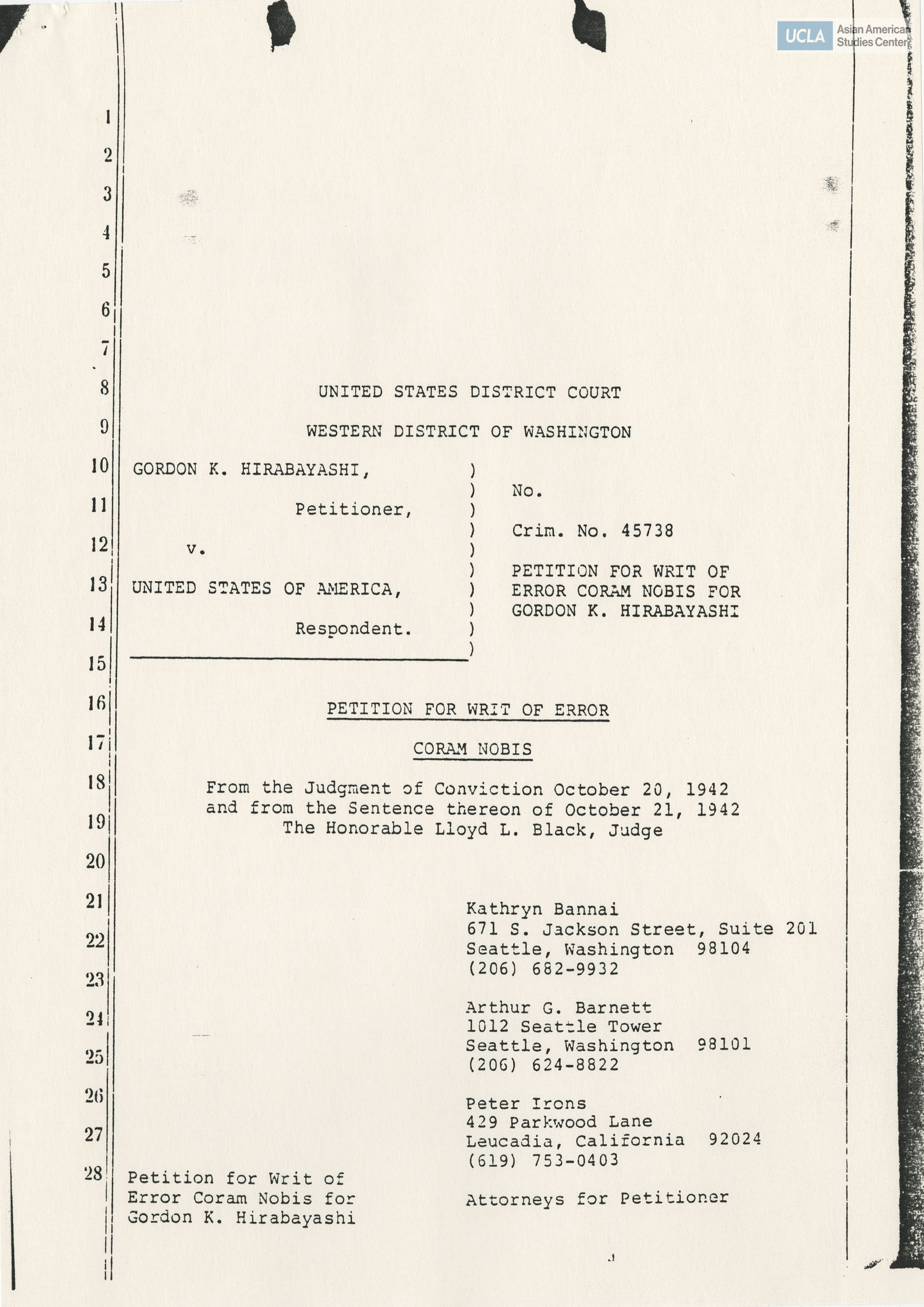 Petitioner, Gordon K. Hirabayashi vs. respondent, United States of America.