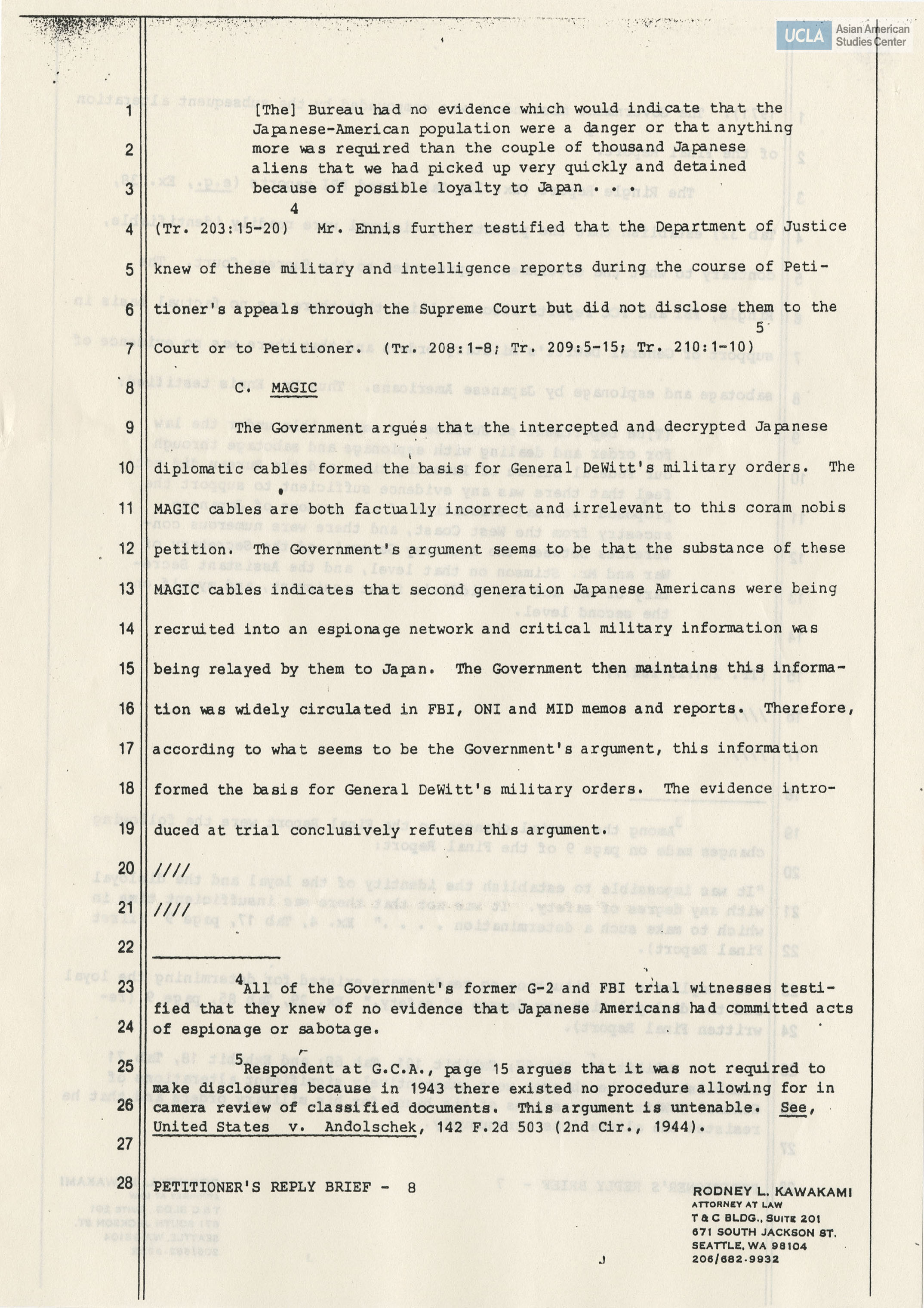 Petitioner's reply brief for deposition of Gordon K. Hirabayashi vs. the United States of America.