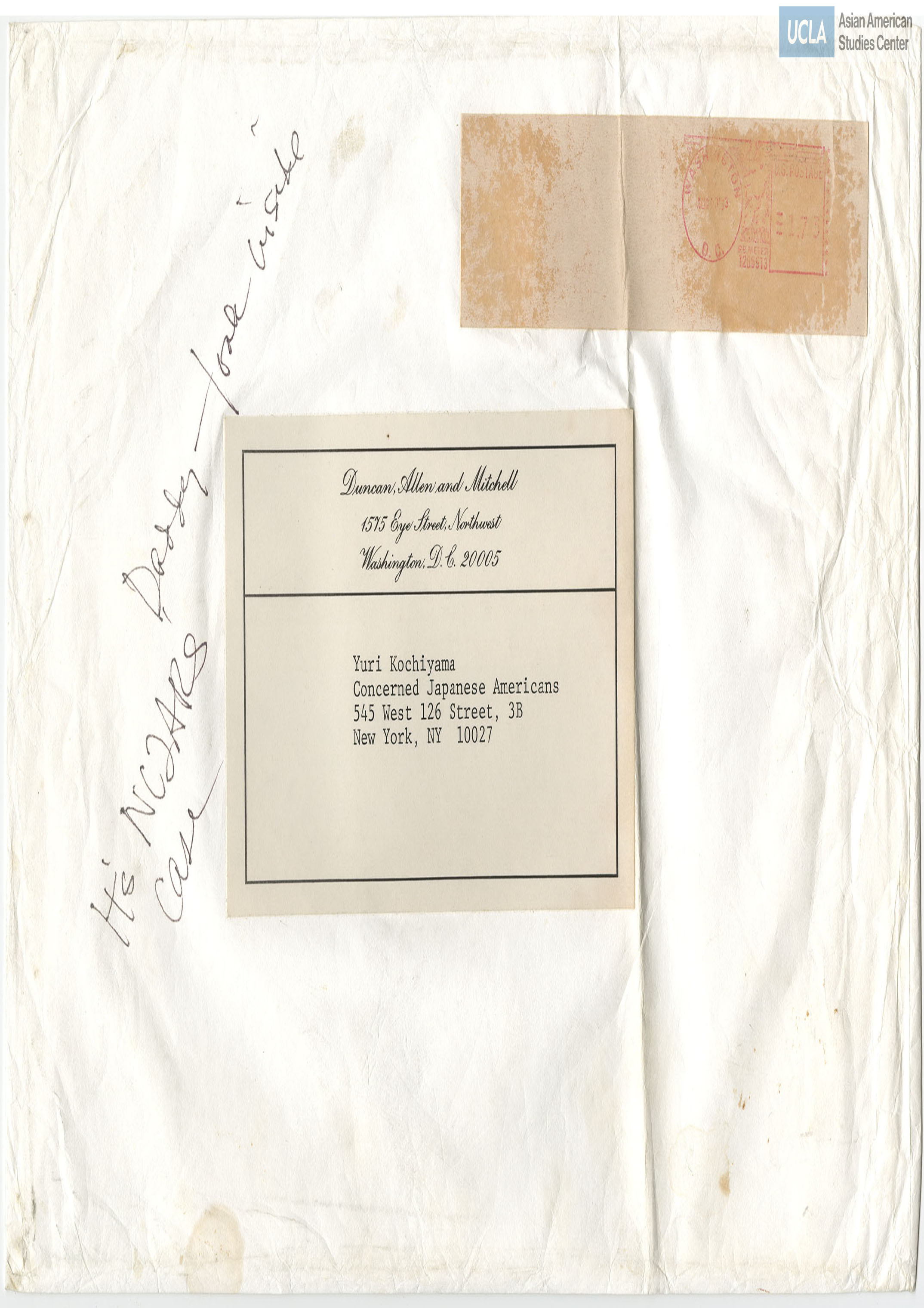 Envelope addressed to Yuri Kochiyama. Postmarked on August 10, 1988.