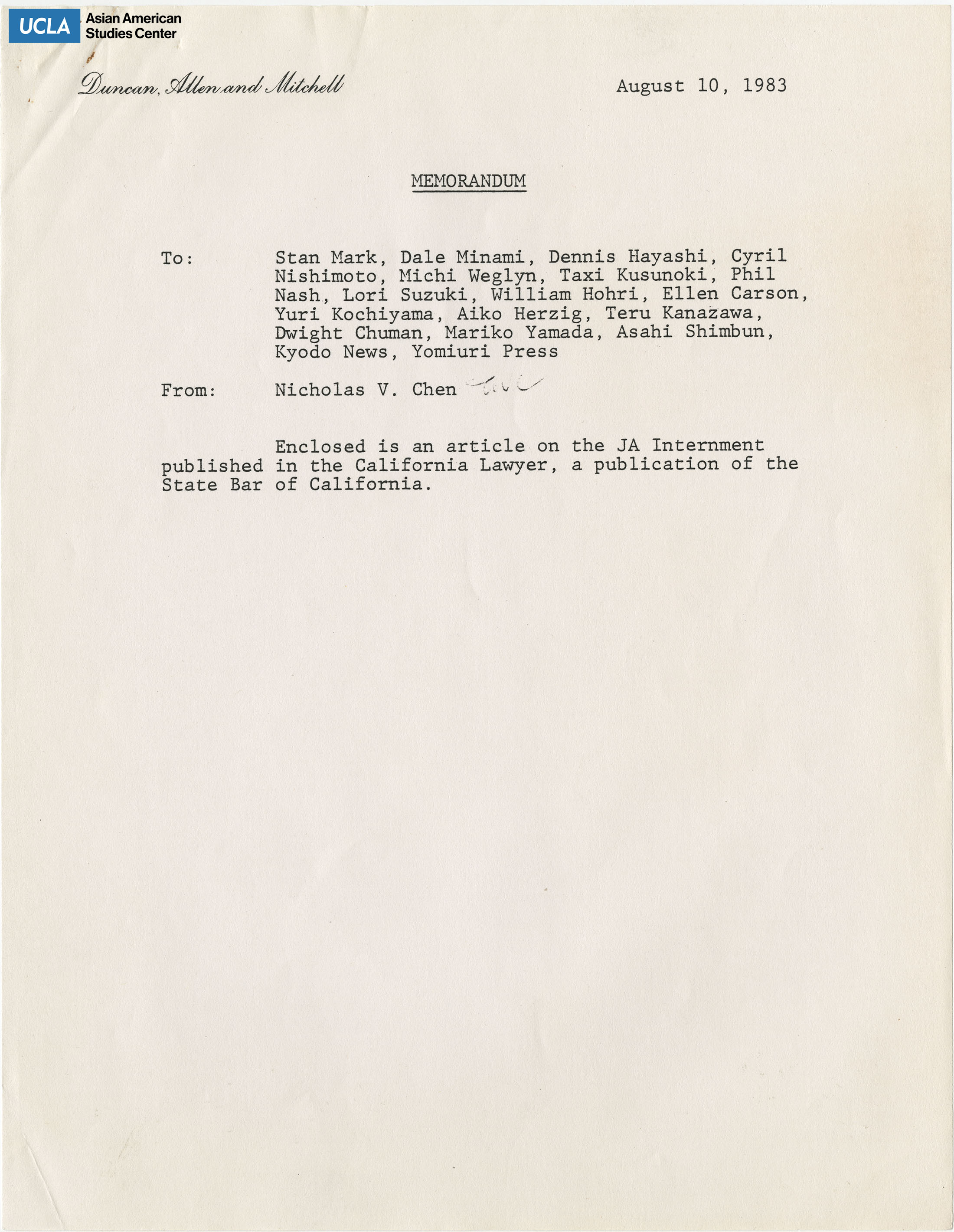Letter regarding an article of Japanese American internment included in the publication of California Lawyer.