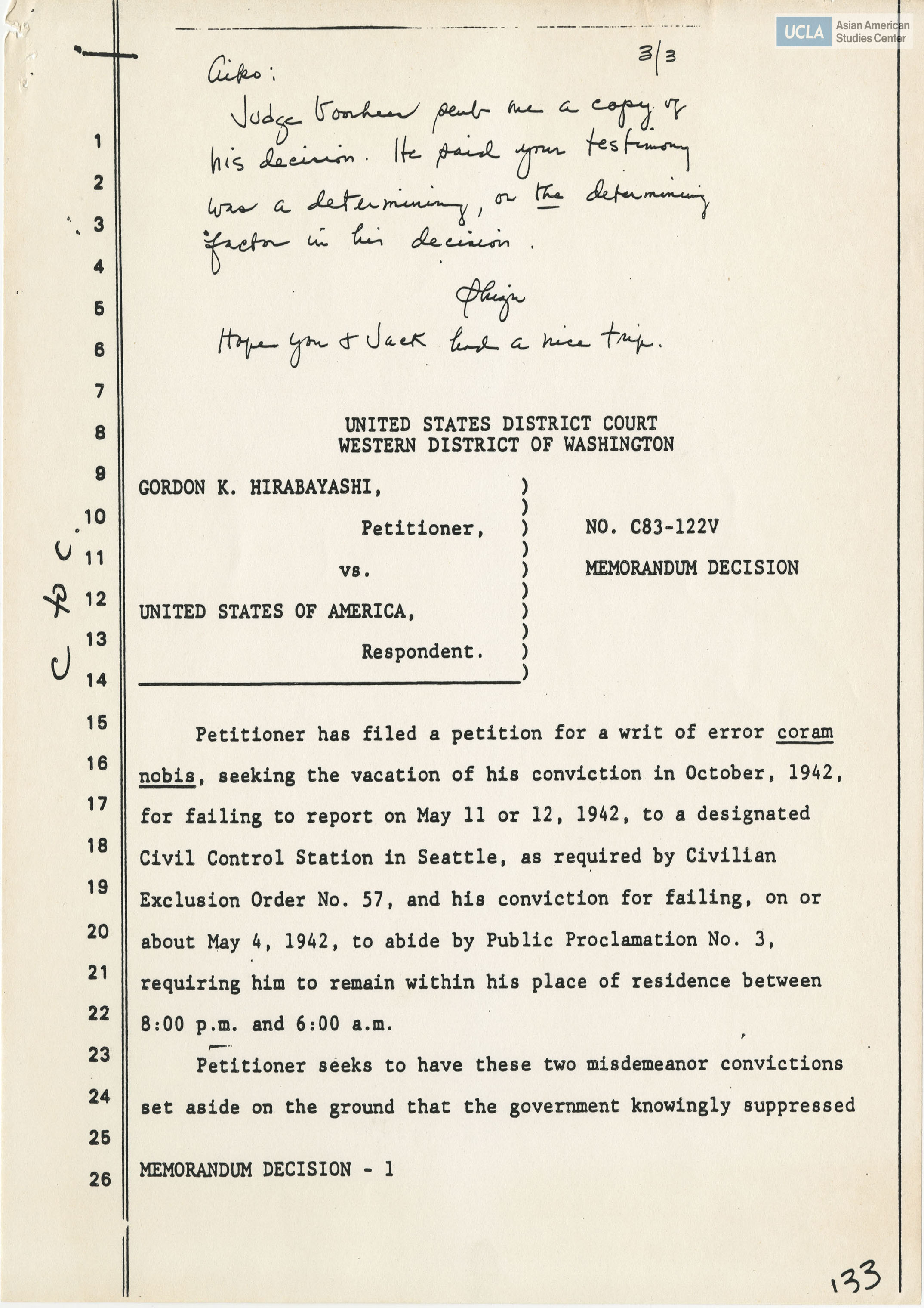 Gordon Hirabayashi's petition for Writ of Error coram nobis.