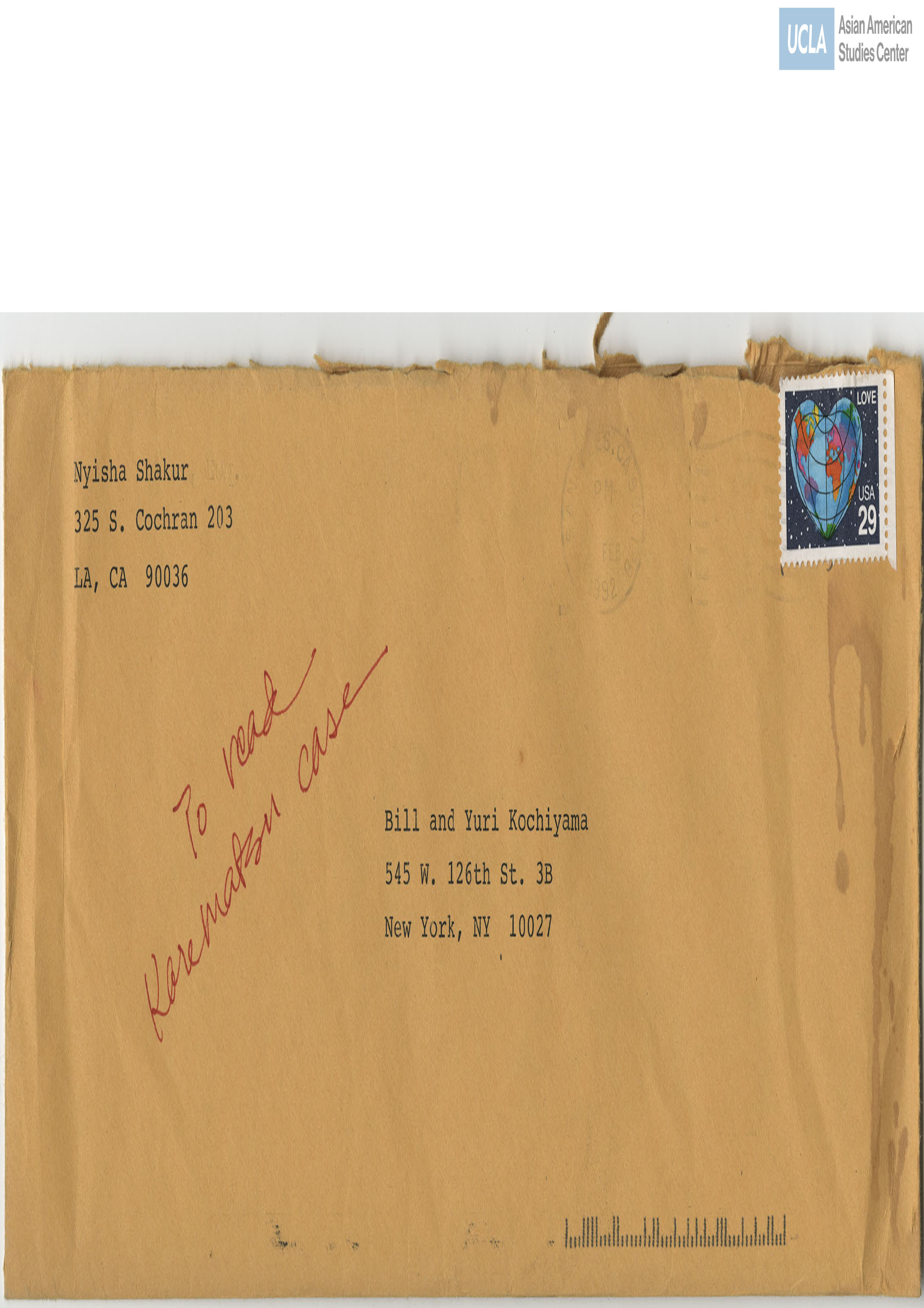 Envelope addressed to Bill and Yuri Kochiyama. Postmarked on February 1992.
