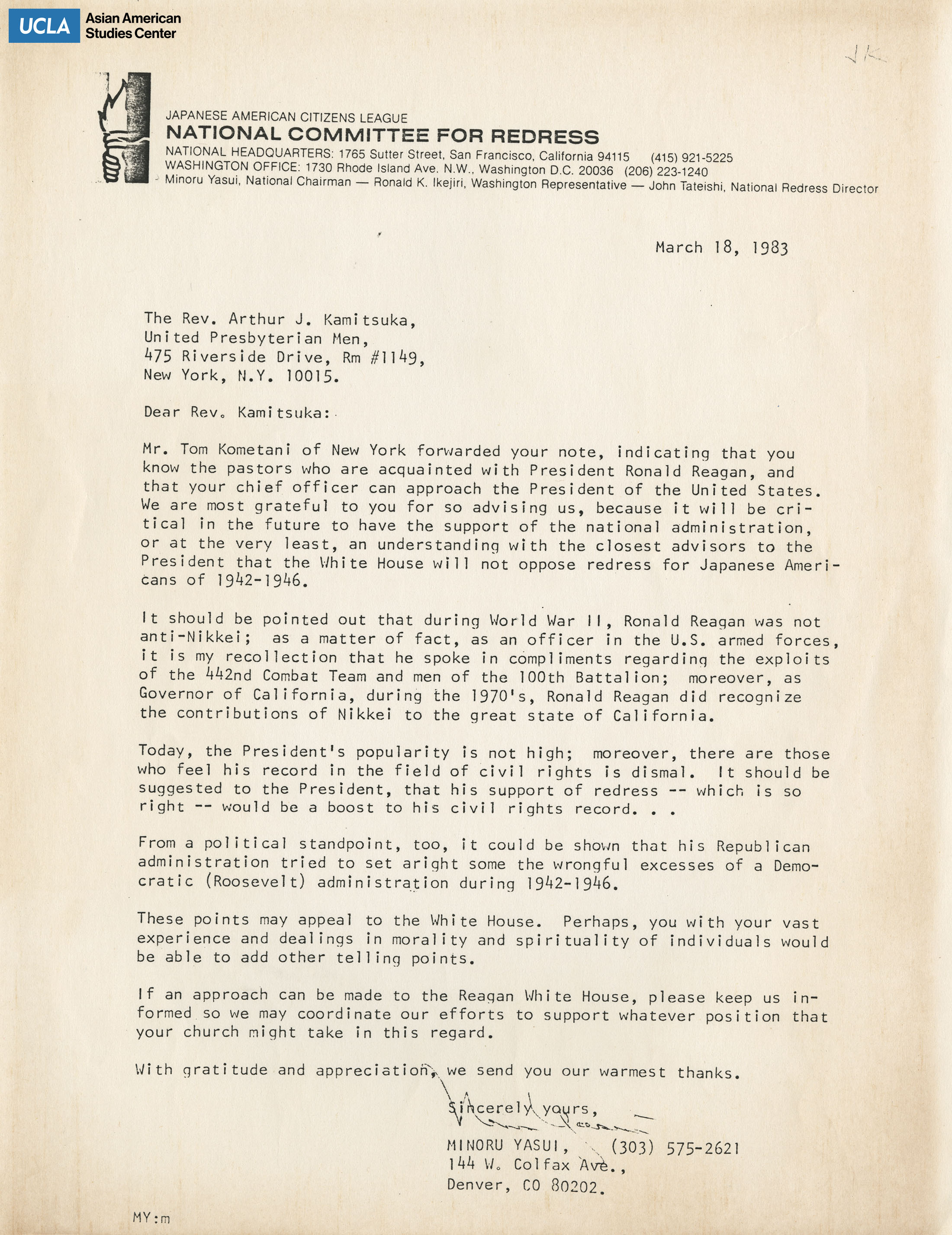 Letter regarding the support for Japanese American redress from then President Ronald Reagan.