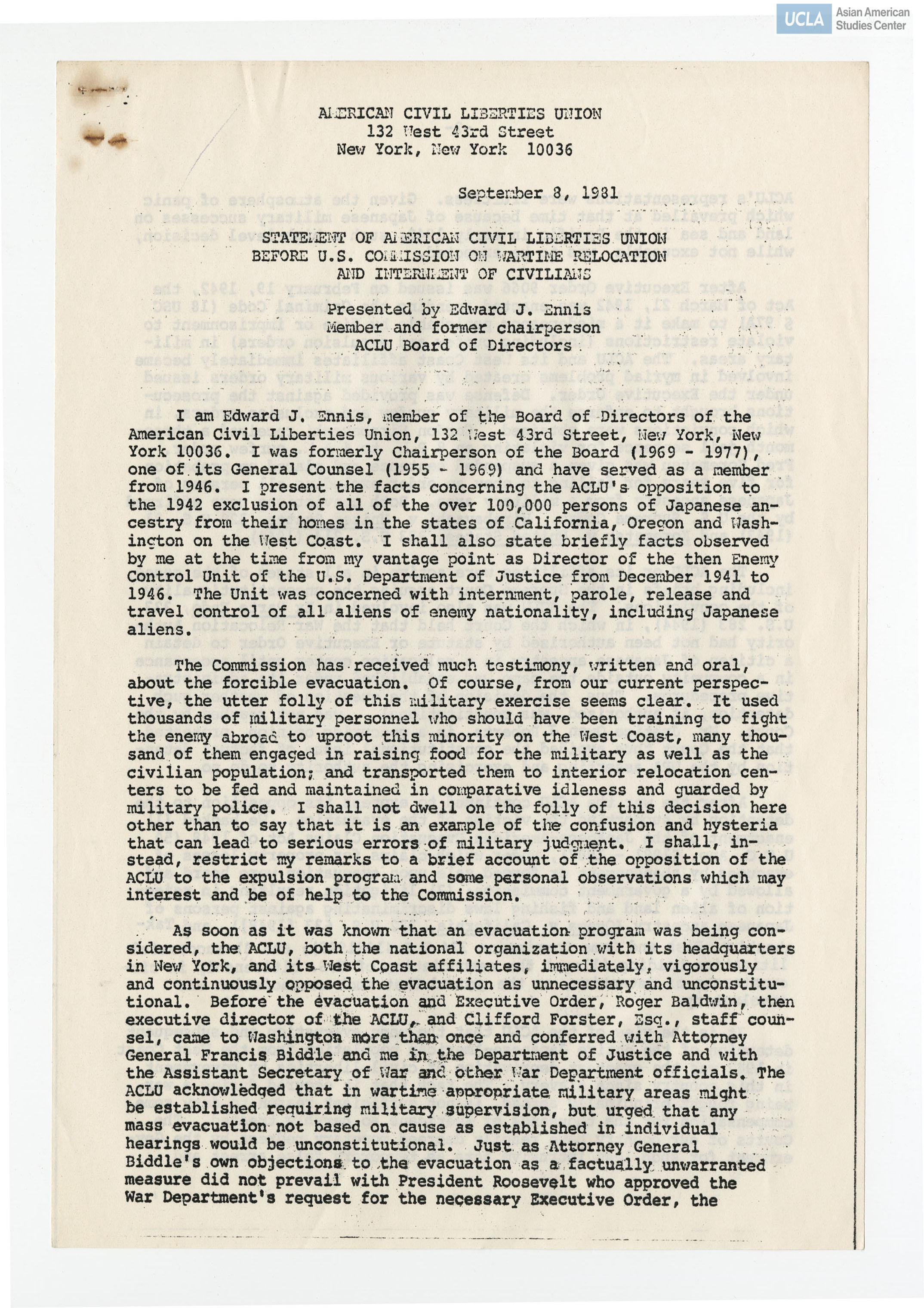 Written testimony from Edward J. Ennis, ACLU Board of Directors, regarding the Commission on Wartime Relocation and Internment of Civilians.