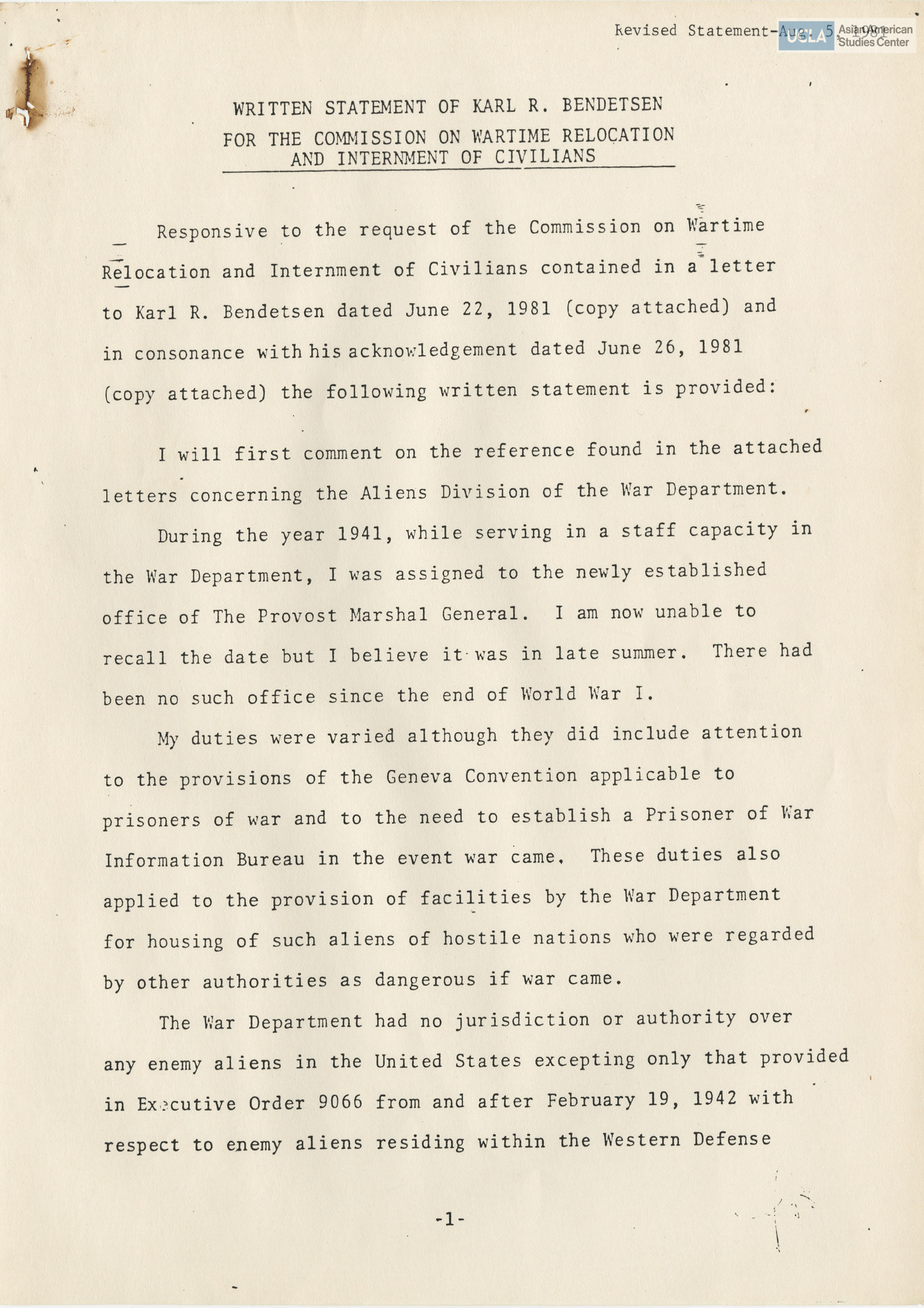 Written testimony from Karl R. Bendetsen regarding the Commission on Wartime Relocation and Internment of Civilians.