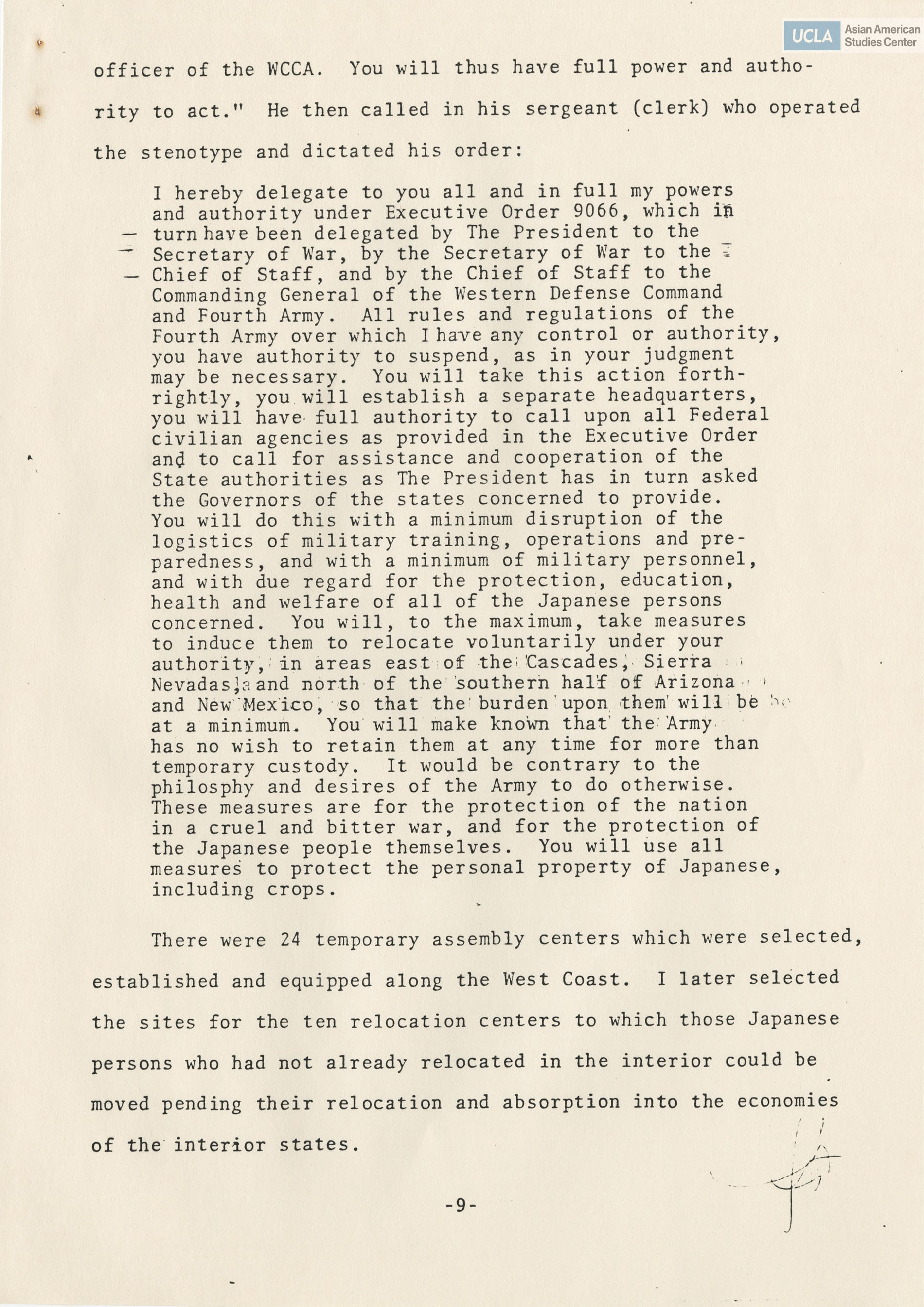 Written testimony from Karl R. Bendetsen regarding the Commission on Wartime Relocation and Internment of Civilians.