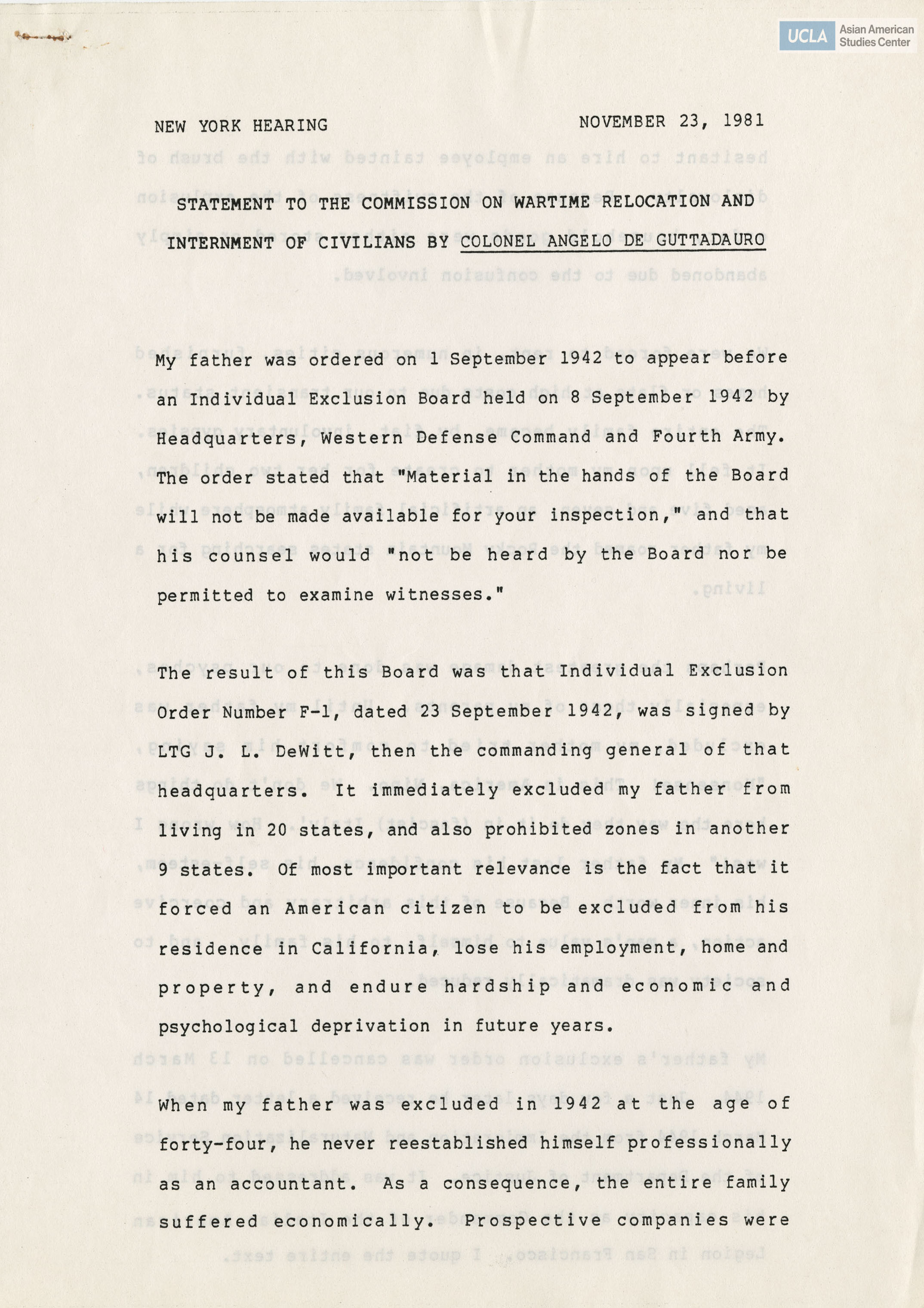 Written testimony from Colonel Angelo De Guttadauro regarding the Commission on Wartime Relocation and Internment of Civilians.
