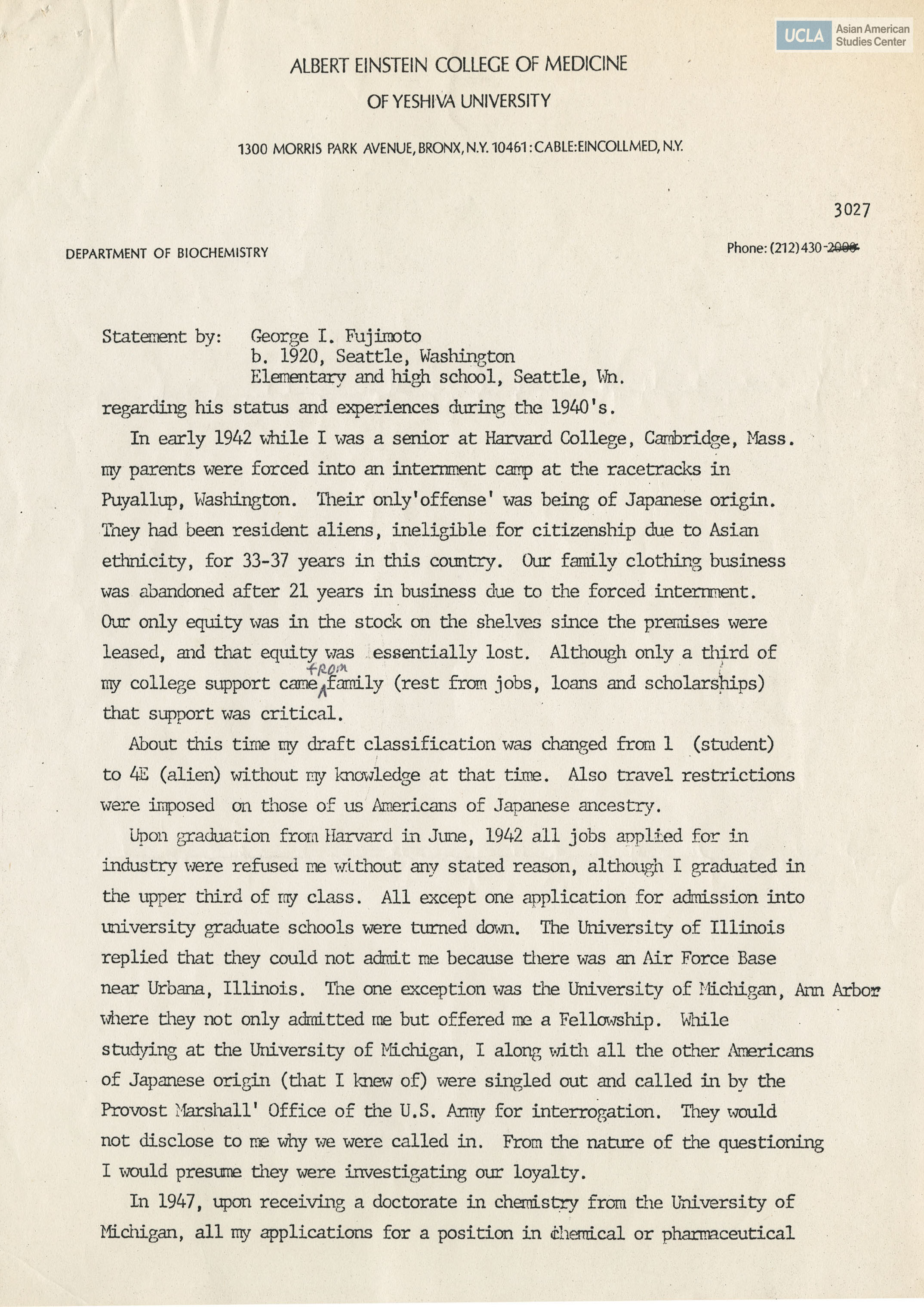 Written testimony from George I. Fujimoto regarding the Commission on Wartime Relocation and Internment of Civilians.
