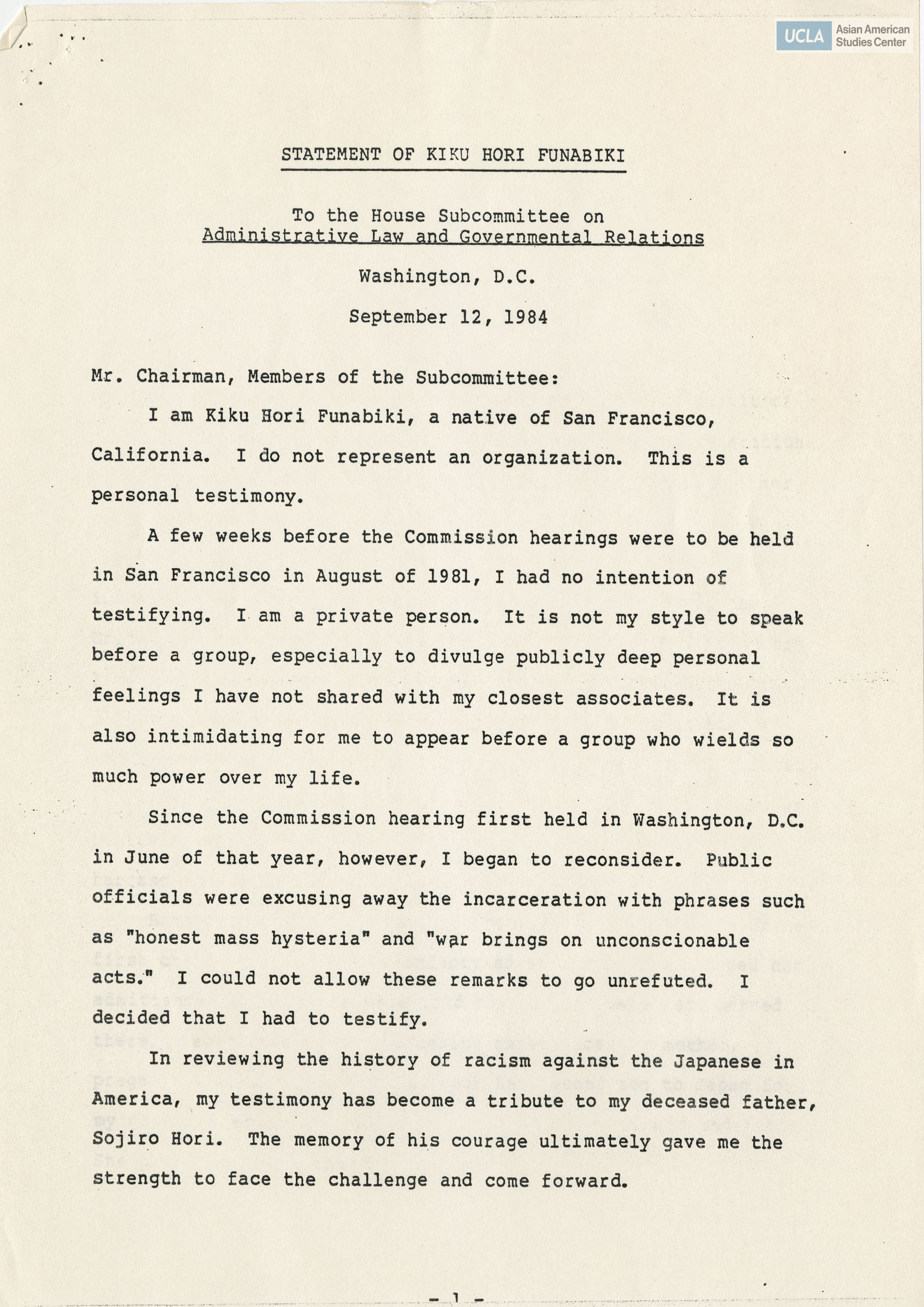 Written testimony addressed to House Subcommitte on Adminisrative Law and Governmental Relations.