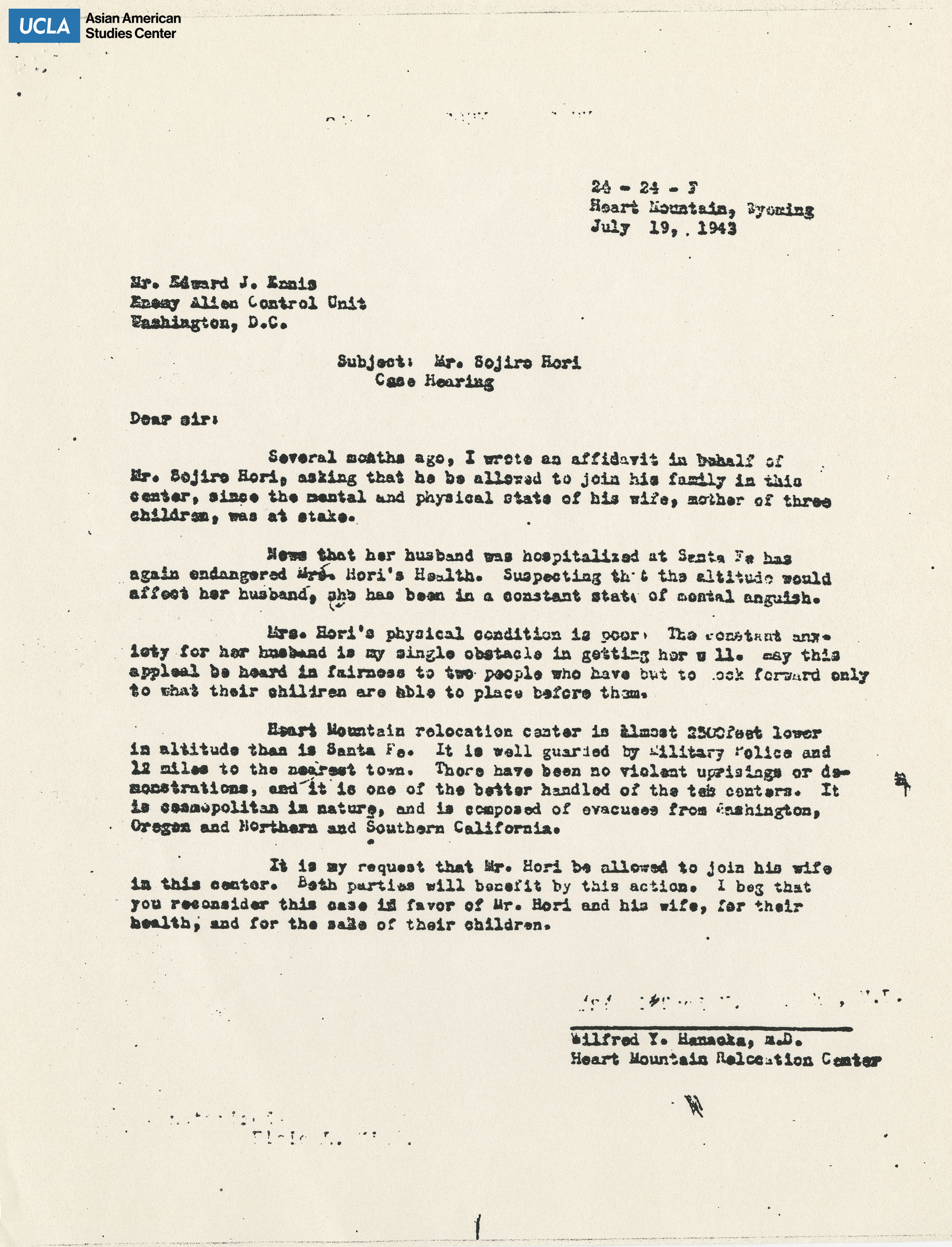 Letter regarding an affidavit for Sojiro Hori and the request to allow him join his wife.