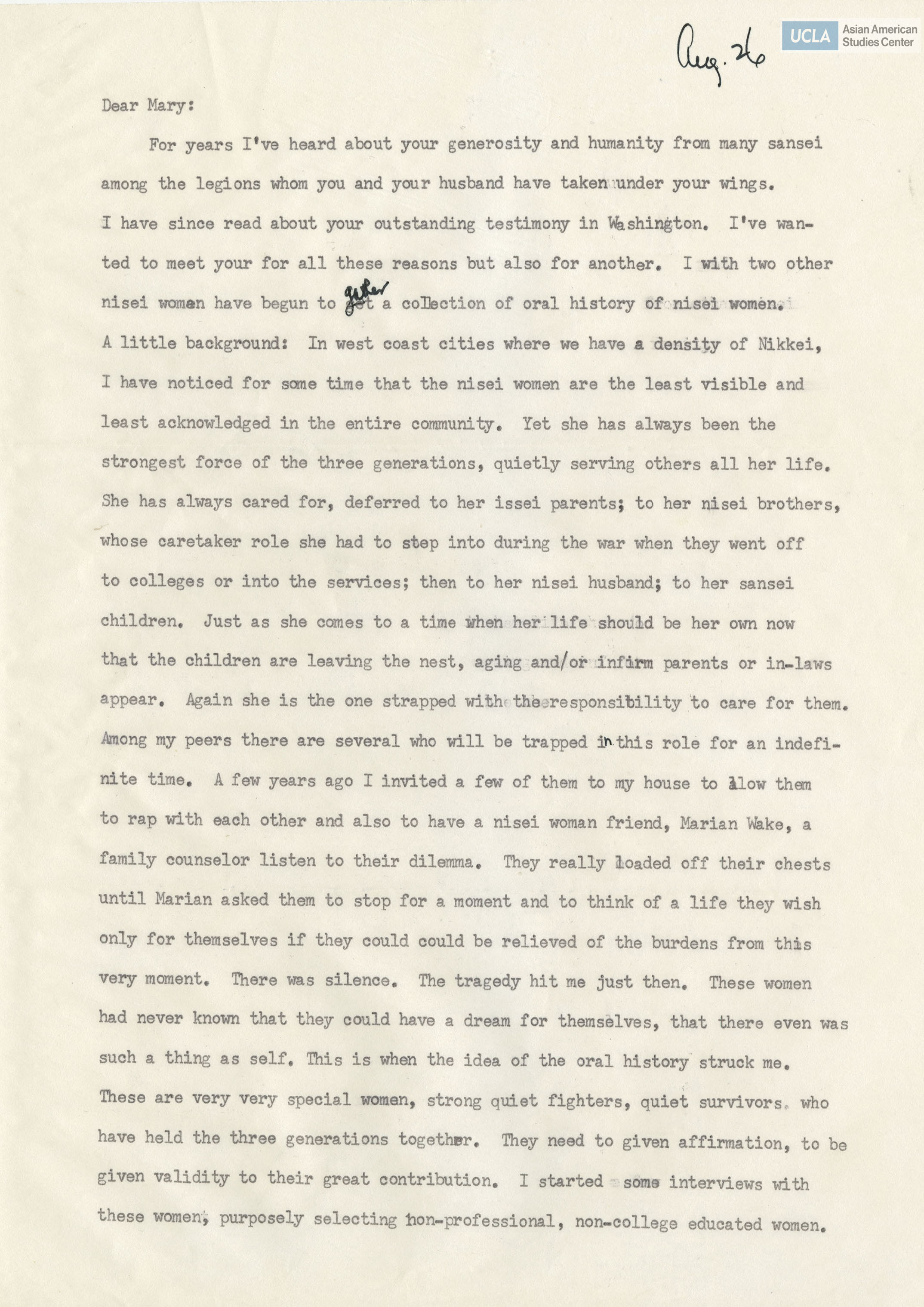 Letter regarding Nisei women and Kiku's testimony.