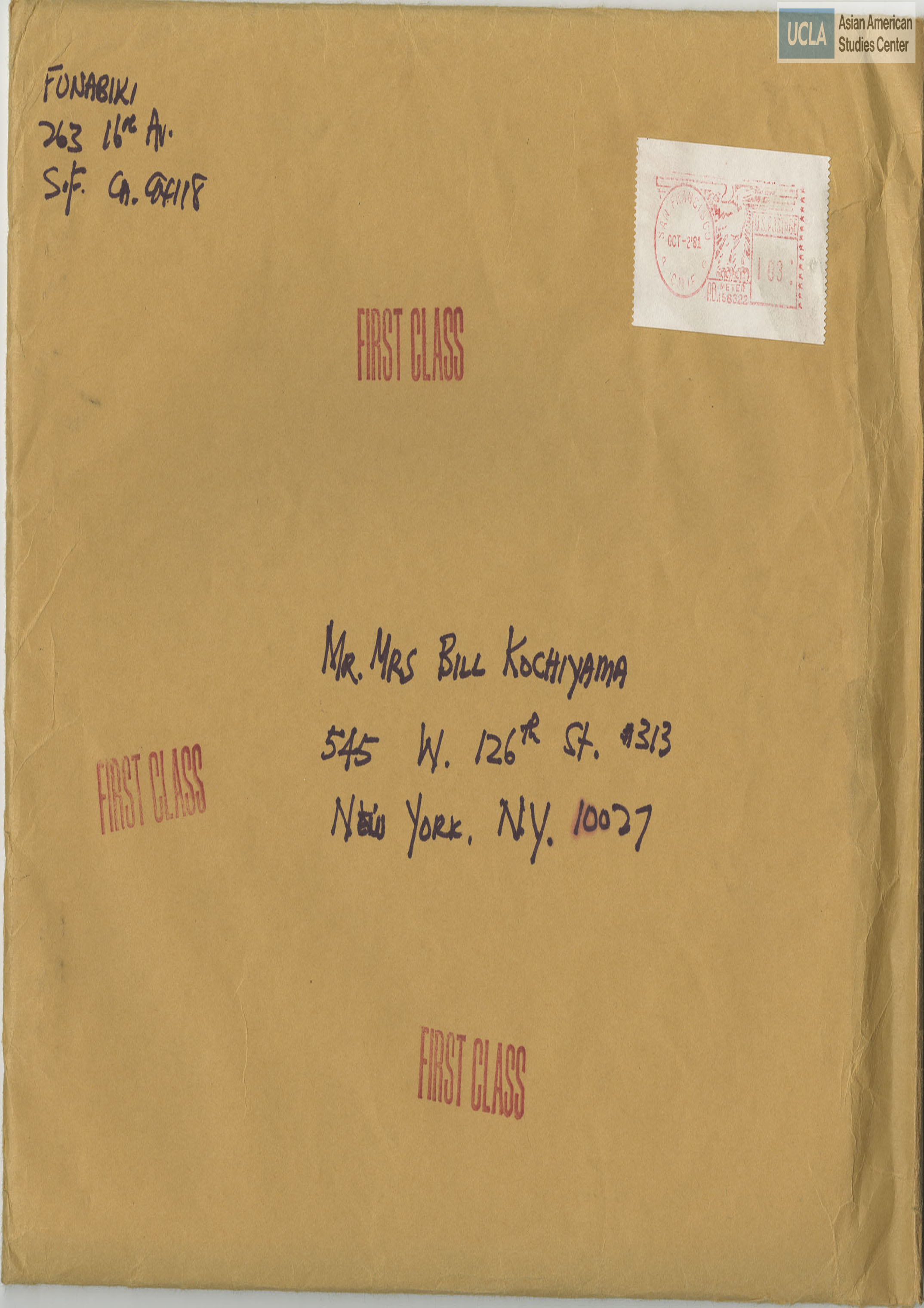 Envelope Addressed to Yuri and Bill Kochiyama. Postmarked on October 2, 1981.