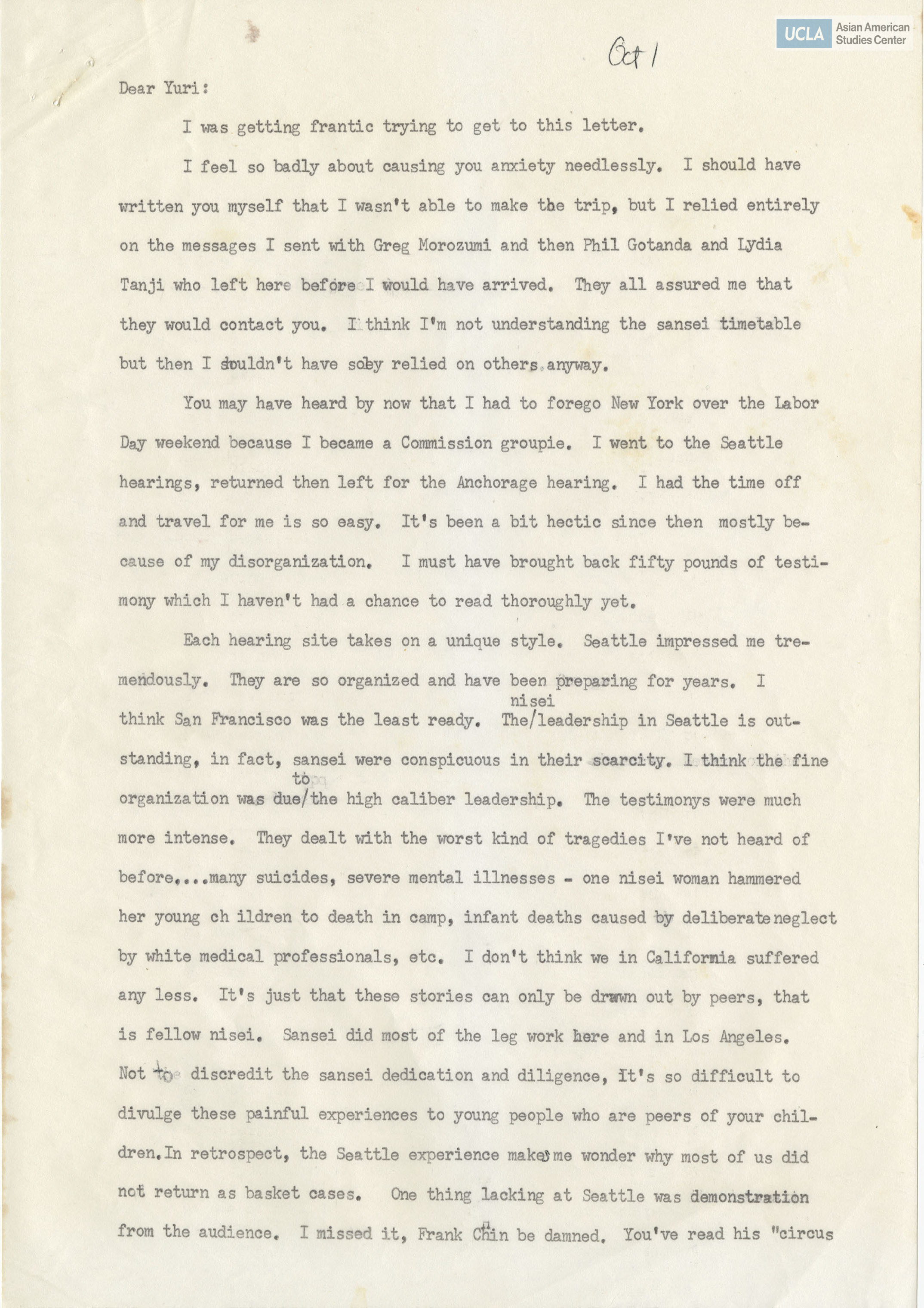 Letter addressed to Yuri Kochiyama regarding hearings on Japanese American redress.