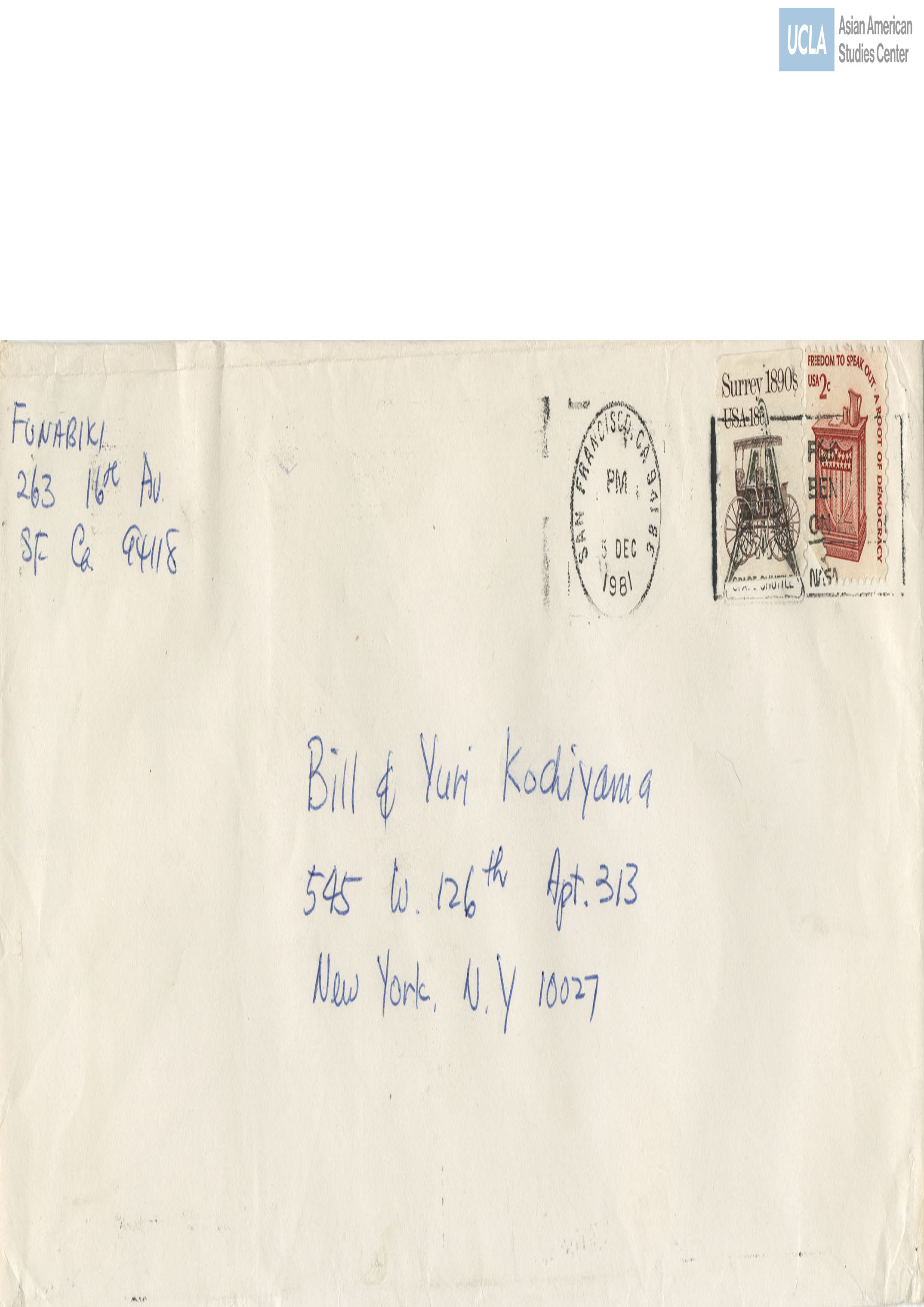 Envelope addressed to Bill and Yuri Kochiyama. Postmarked December 5, 1981.