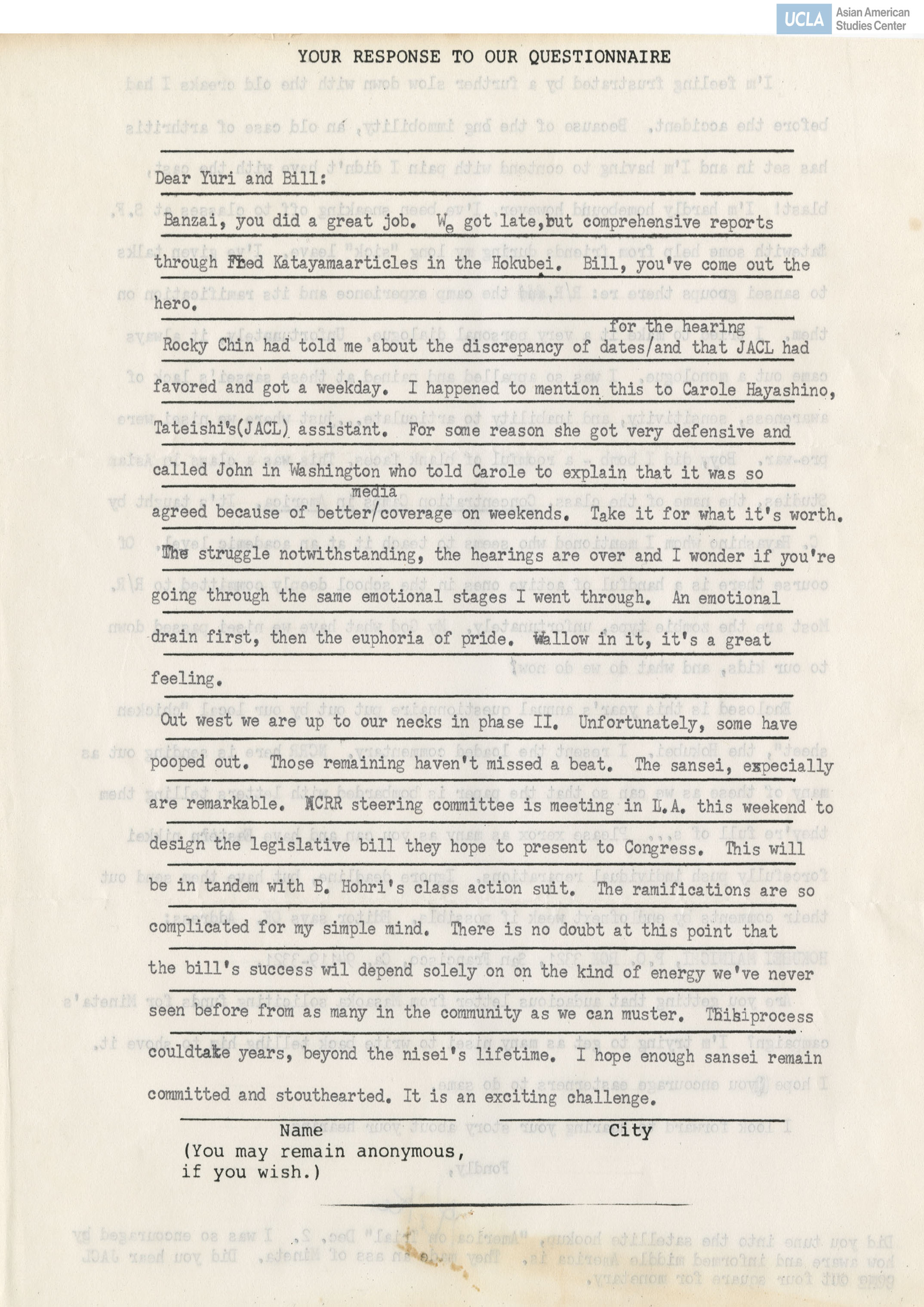 Letter regarding the process of redress and updates. Kiku Funabiki was a redress activisits.