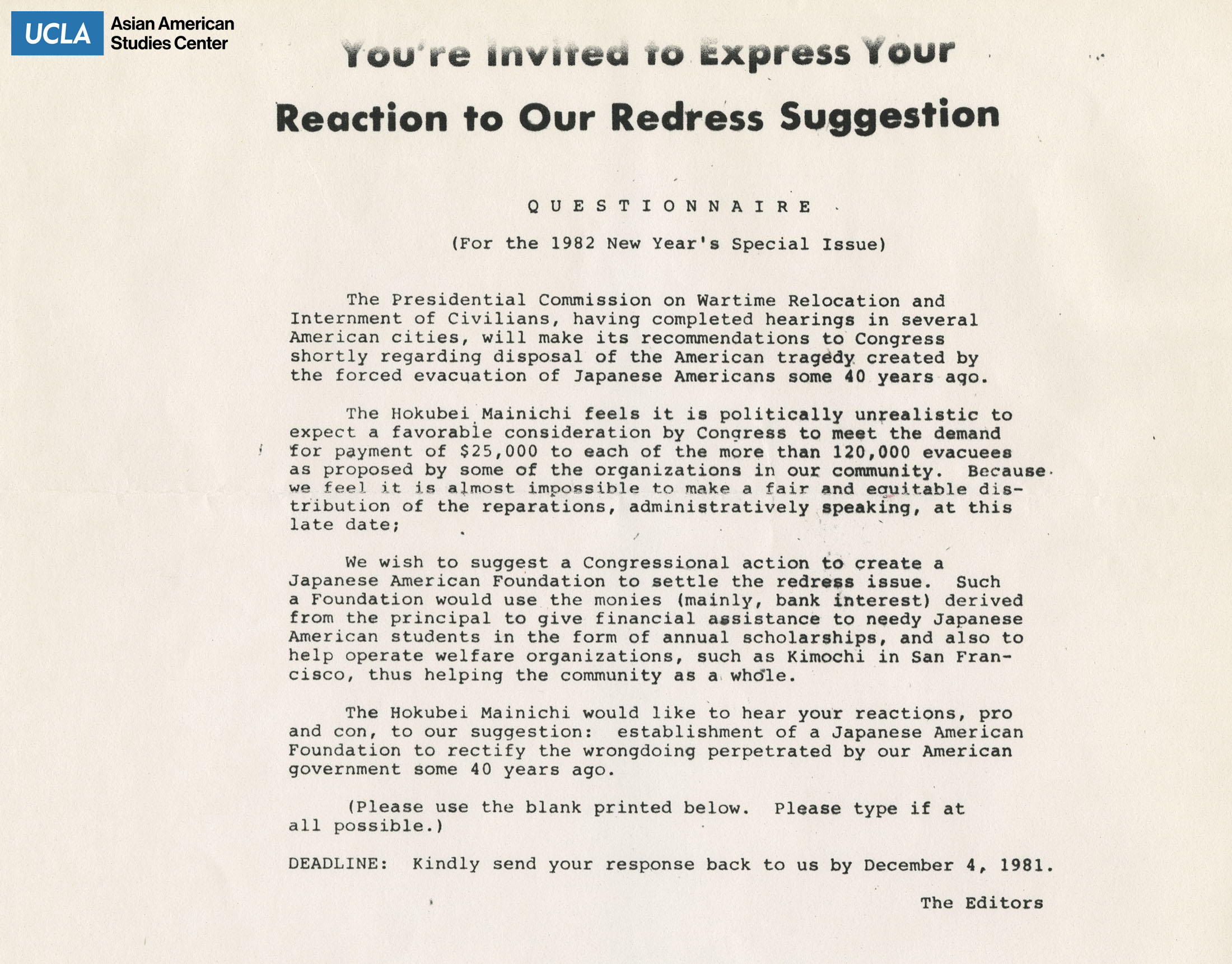Invitation regarding an event for peoples' reaction to the redress considerations for Japanese Americans who were detained during World War II.