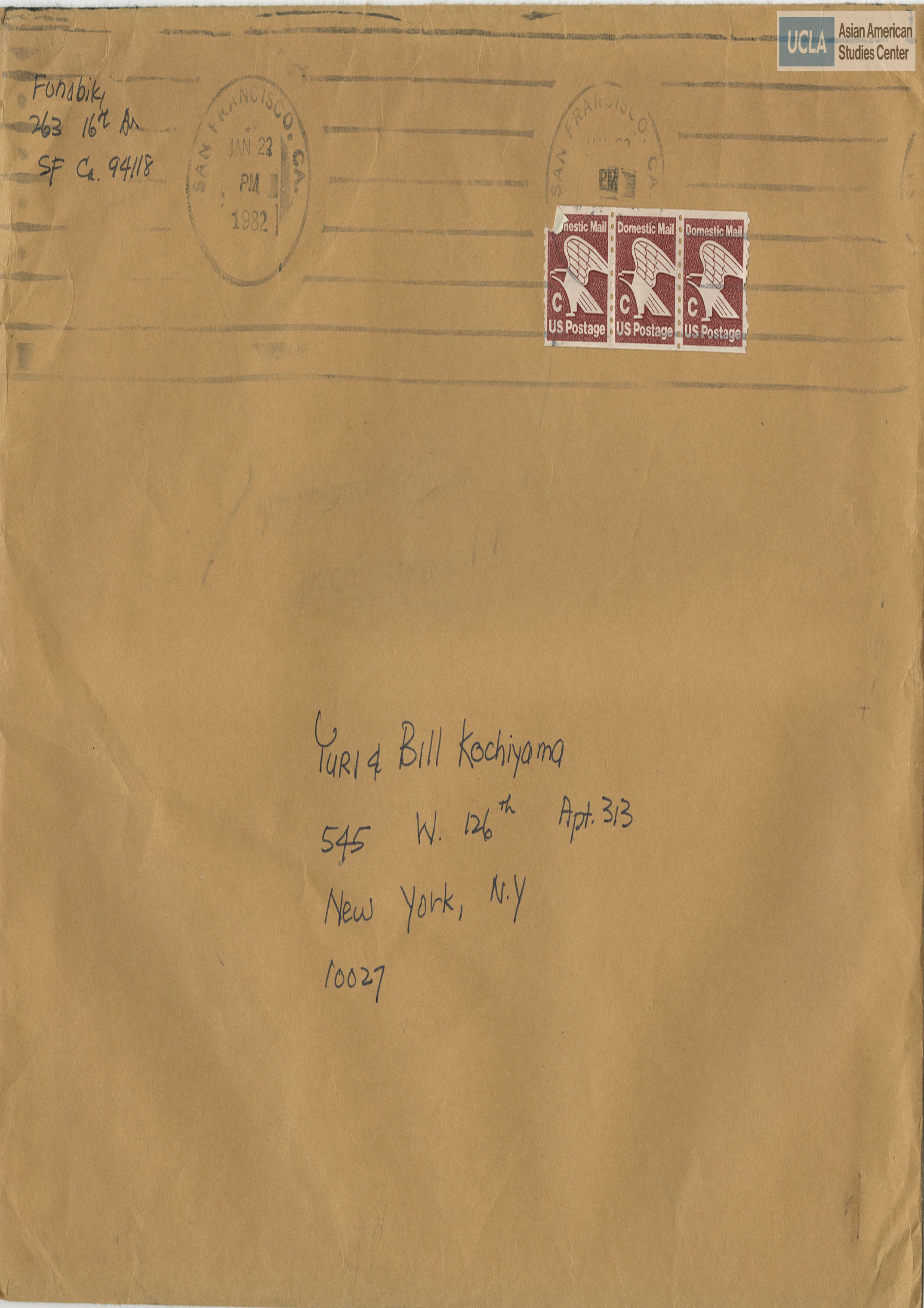Envelope addressed to Yuri and Bill Kochiyama. Postmarked on January 22, 1982.