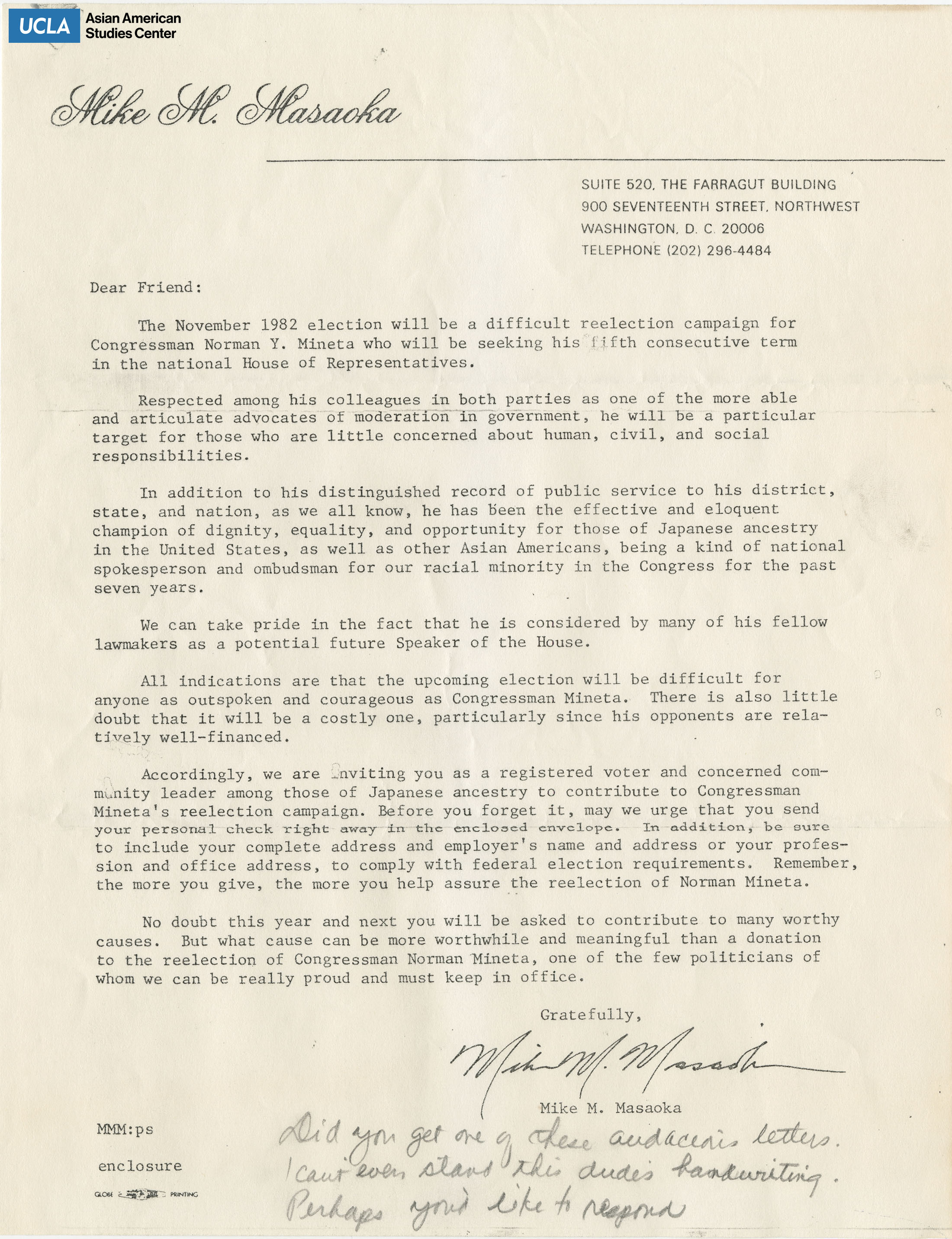 Letter regarding the 1982 November election campaign and the process of Japanese American redress.