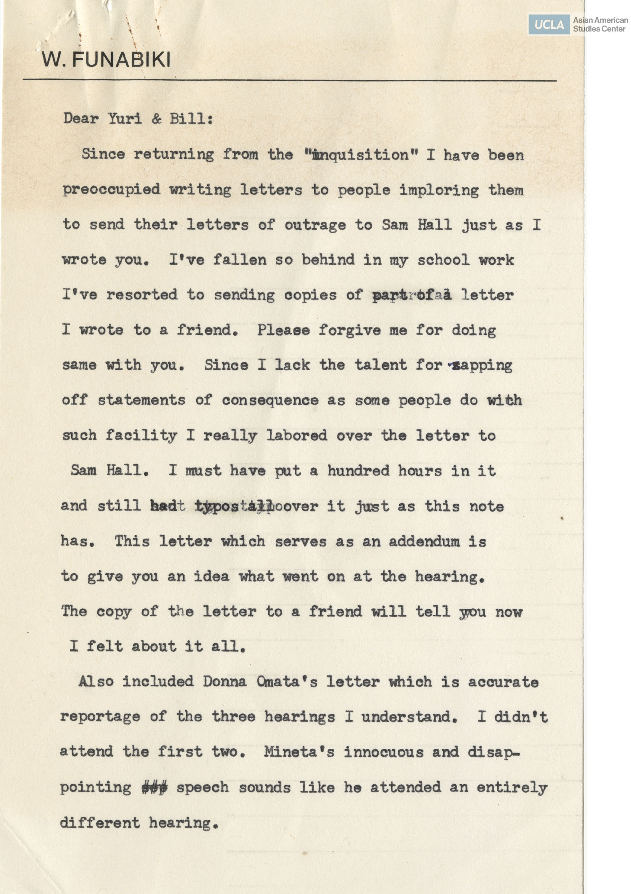 Letter regarding updates and progress on Japanese American redress.