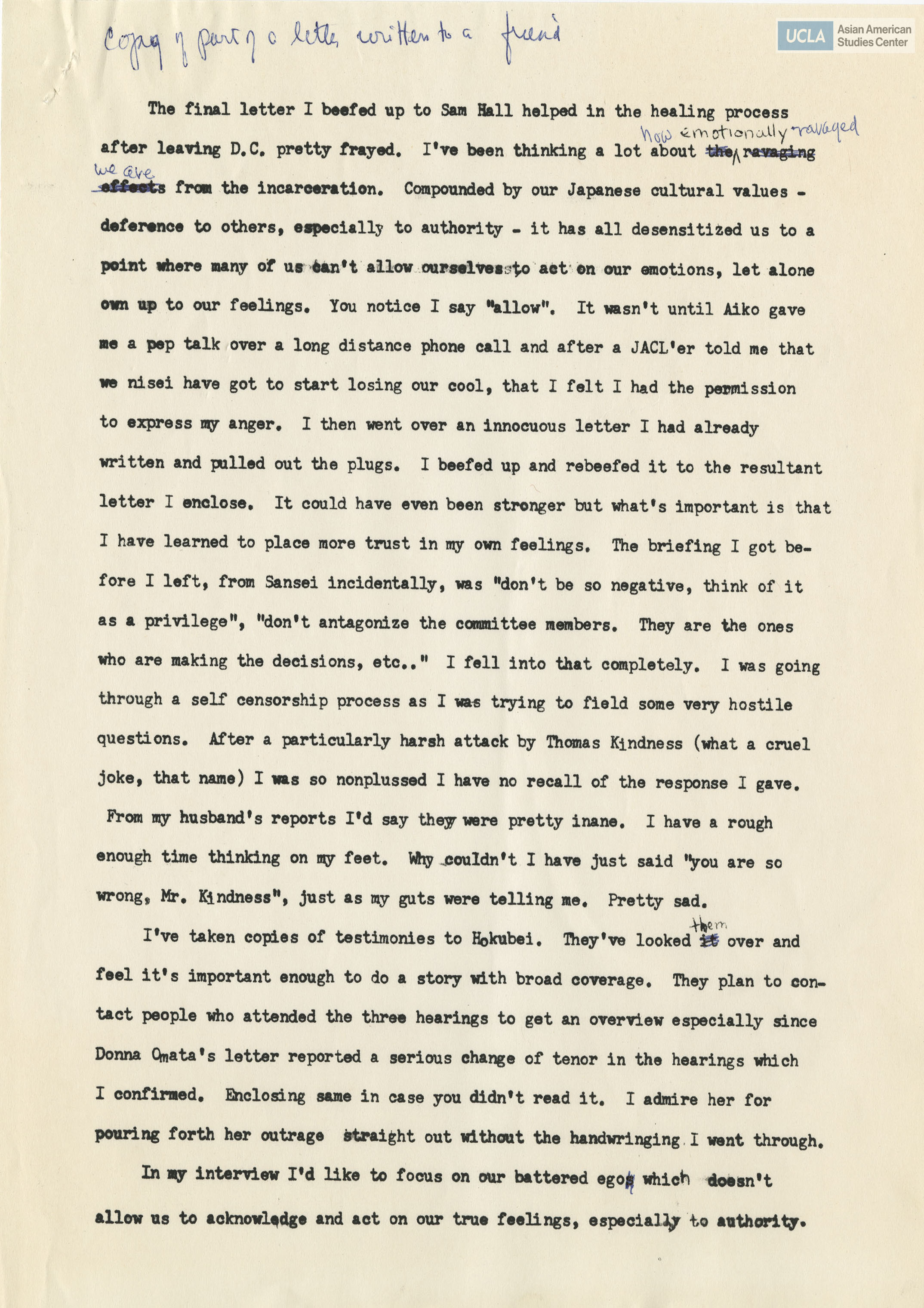 Letter regarding testimony on the experience of being detained during World War II.