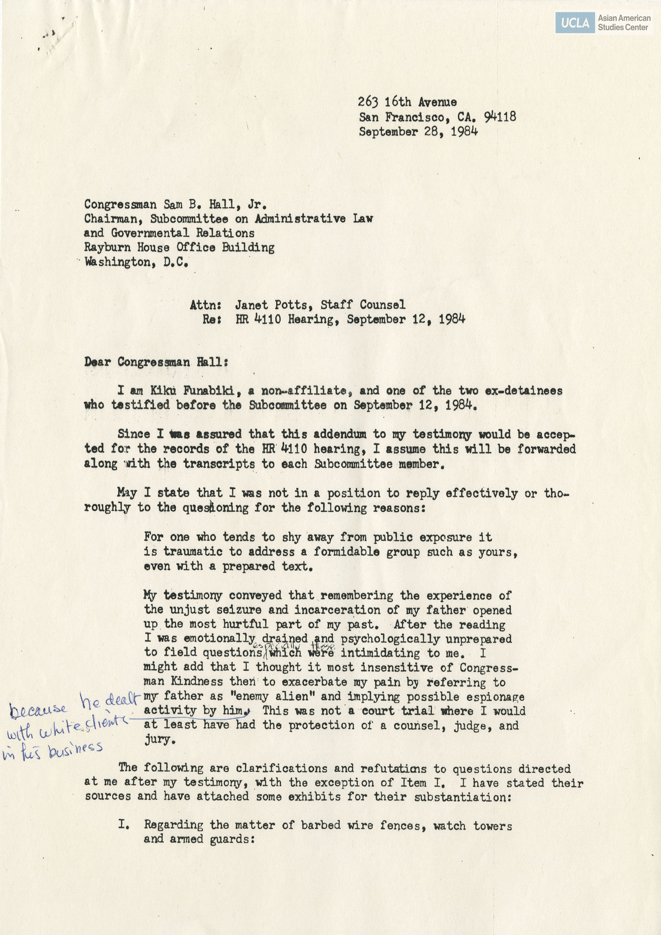 Letter regarding clarifications to Kiku Funabiki's testimony before the House Subcommittee.
