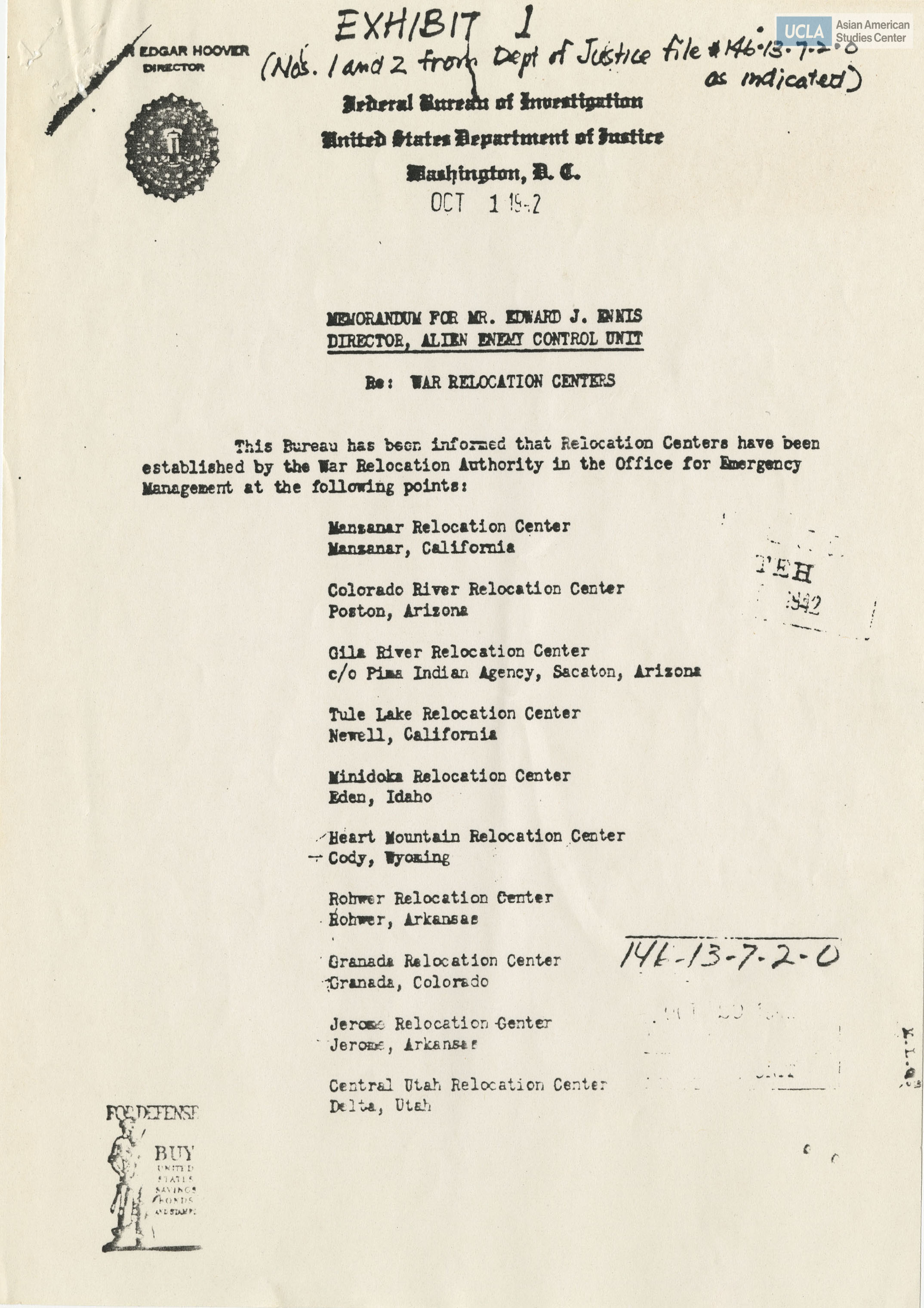 John Edgar Hoover, Director, announces the establishment of war relocation centers: Manzanar, Colorado River, Gila River, Tule Lake, Minidoka, Heart Mountain, Rohwer, Granada, Jerome, and Central Utah.