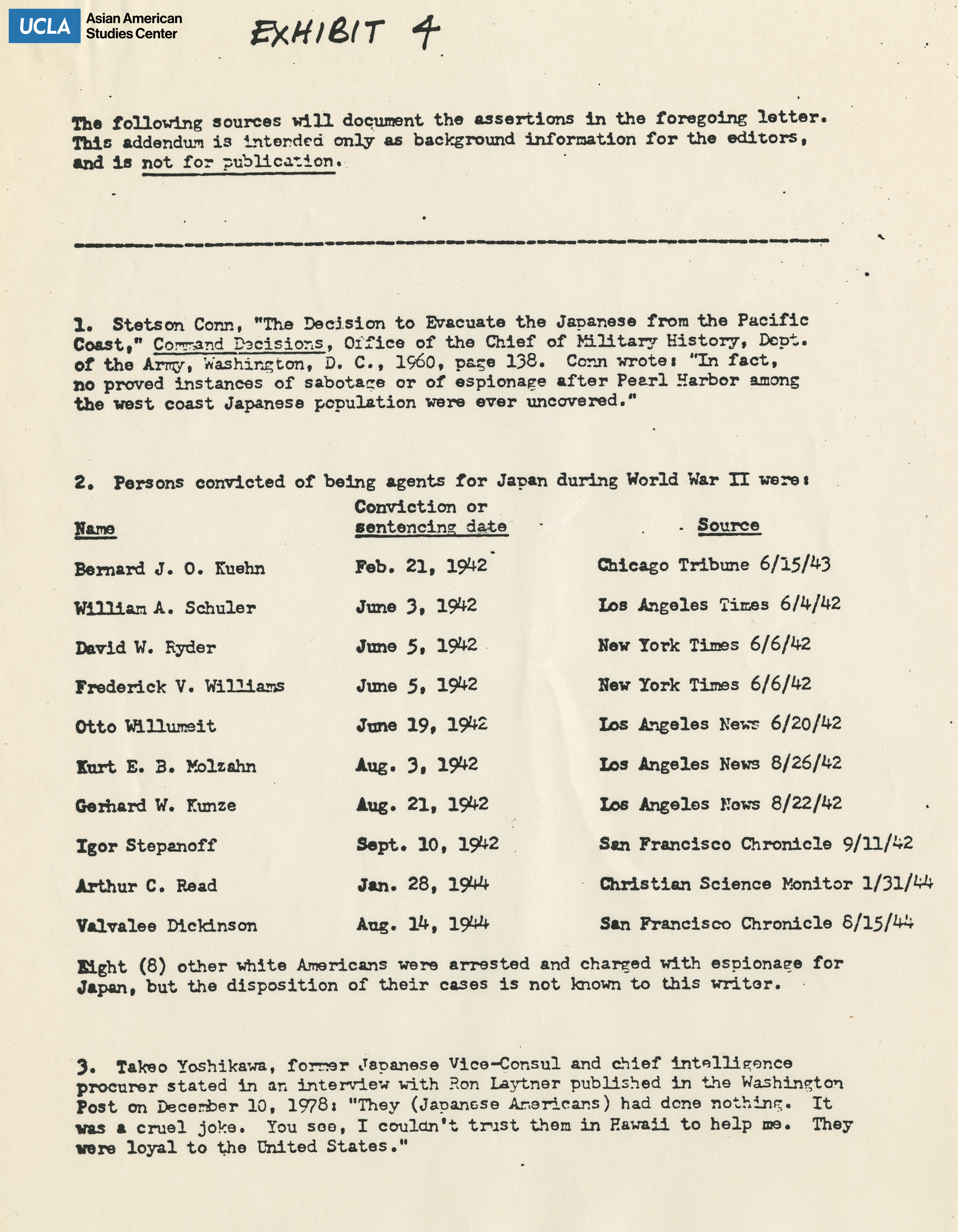 Addendum regarding persons who were convicted of being agents for Japan during World War II.