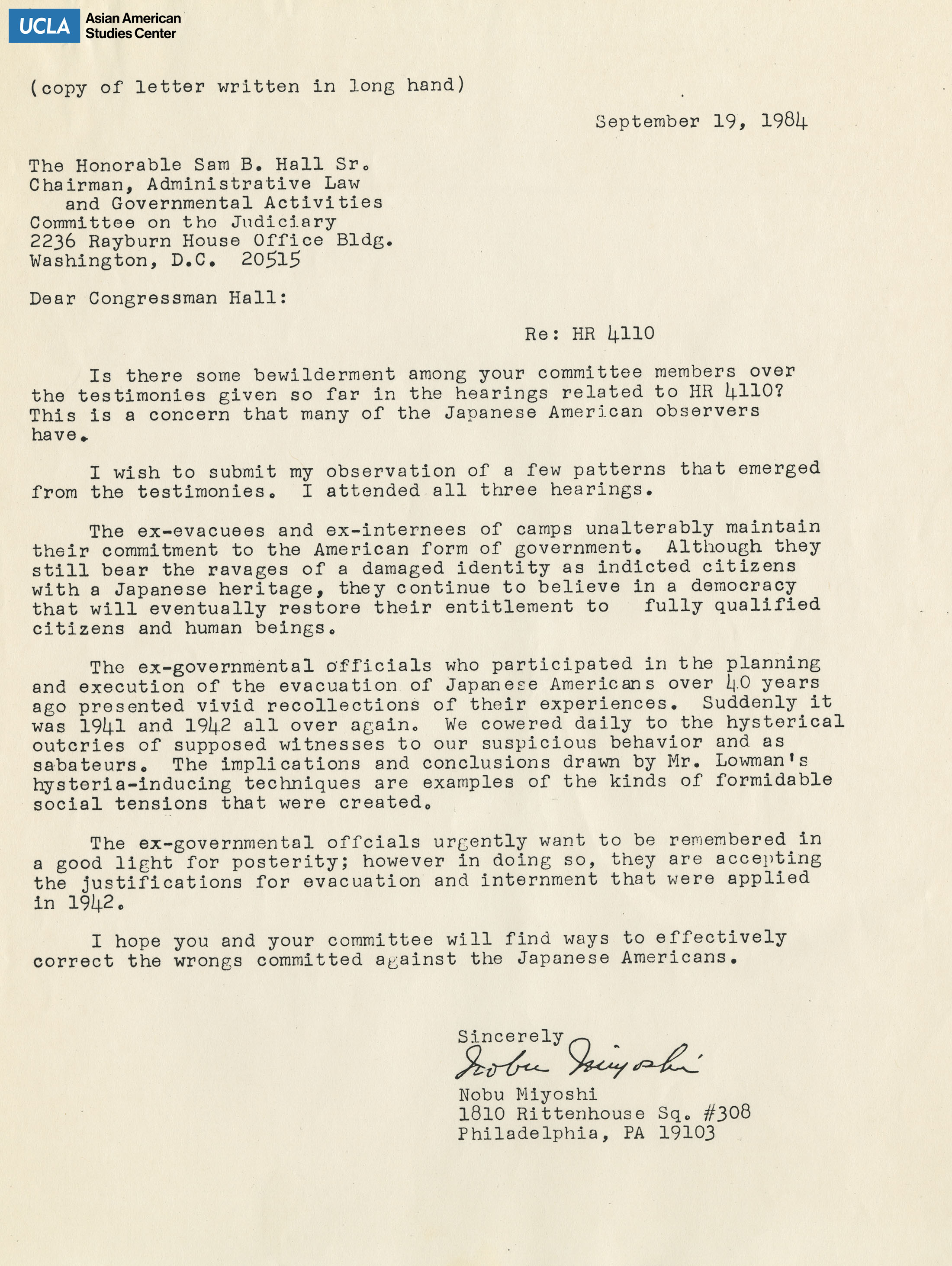 Letter regarding observations on the testimonies for Japanese Americans redress.