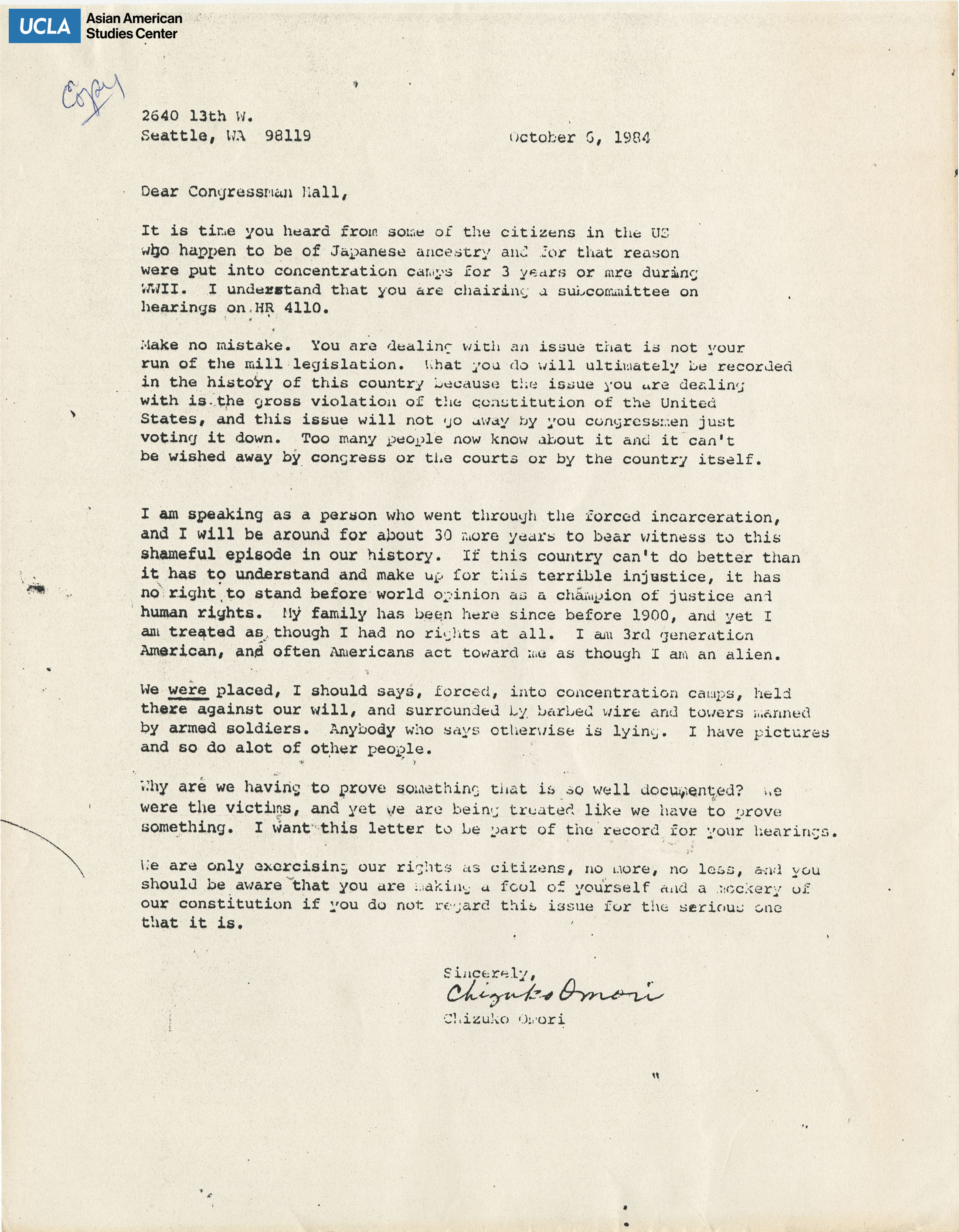 Letter addressed to Sam B. Hall who was the chair of the subcommittee regarding bill HR 4110.